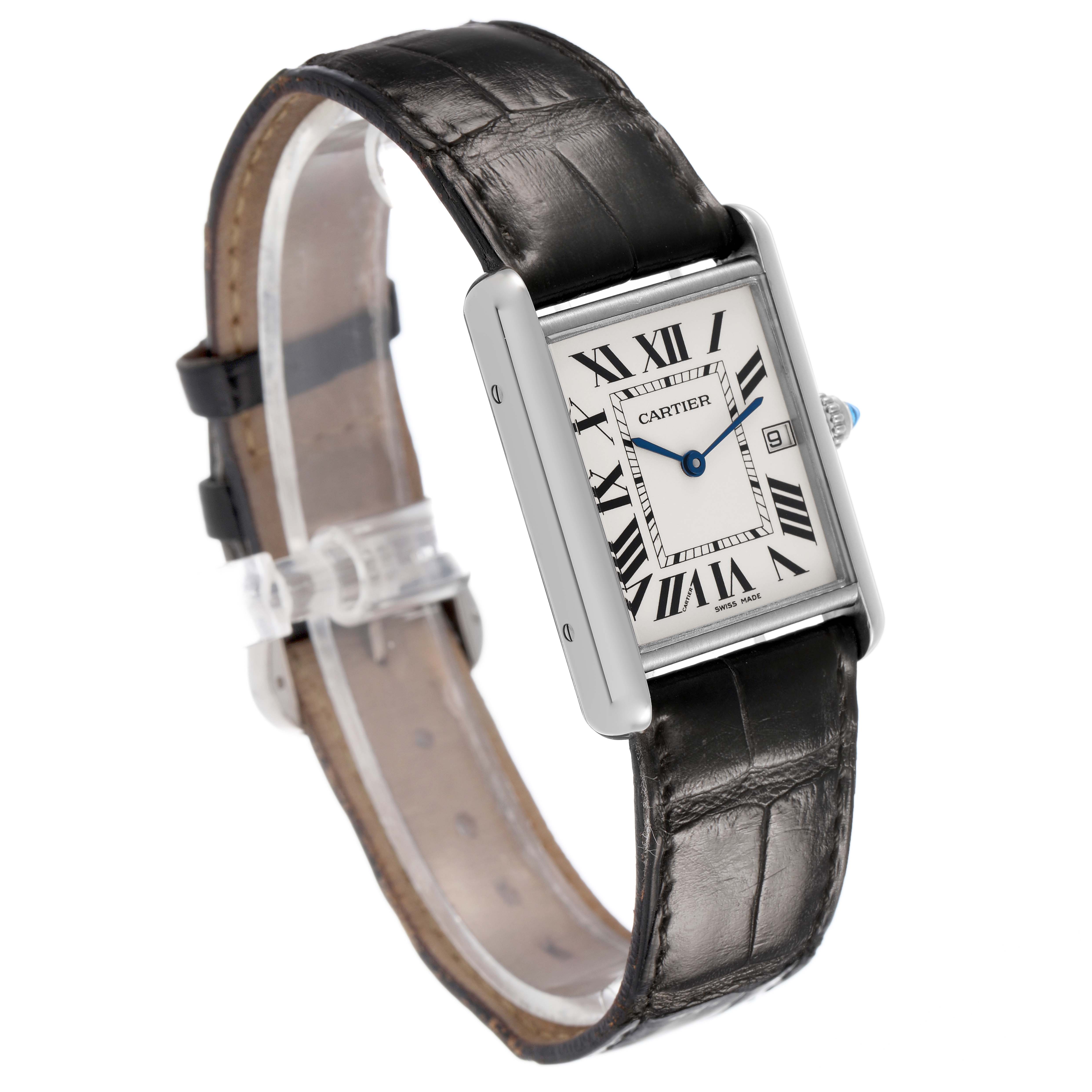 The Cartier Tank Louis W1540956 Men's Stainless Steel Silver Dial watch is shown at a three-quarter angle, highlighting the face, roman numerals, and leather strap.