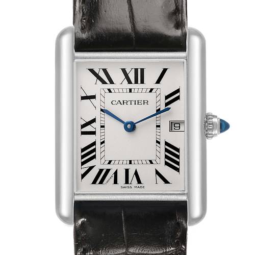 The image shows a Cartier Tank Louis W1540956 Men's Stainless Steel Silver Dial watch, front view, highlighting the dial, Roman numerals, hands, date window, and crown.