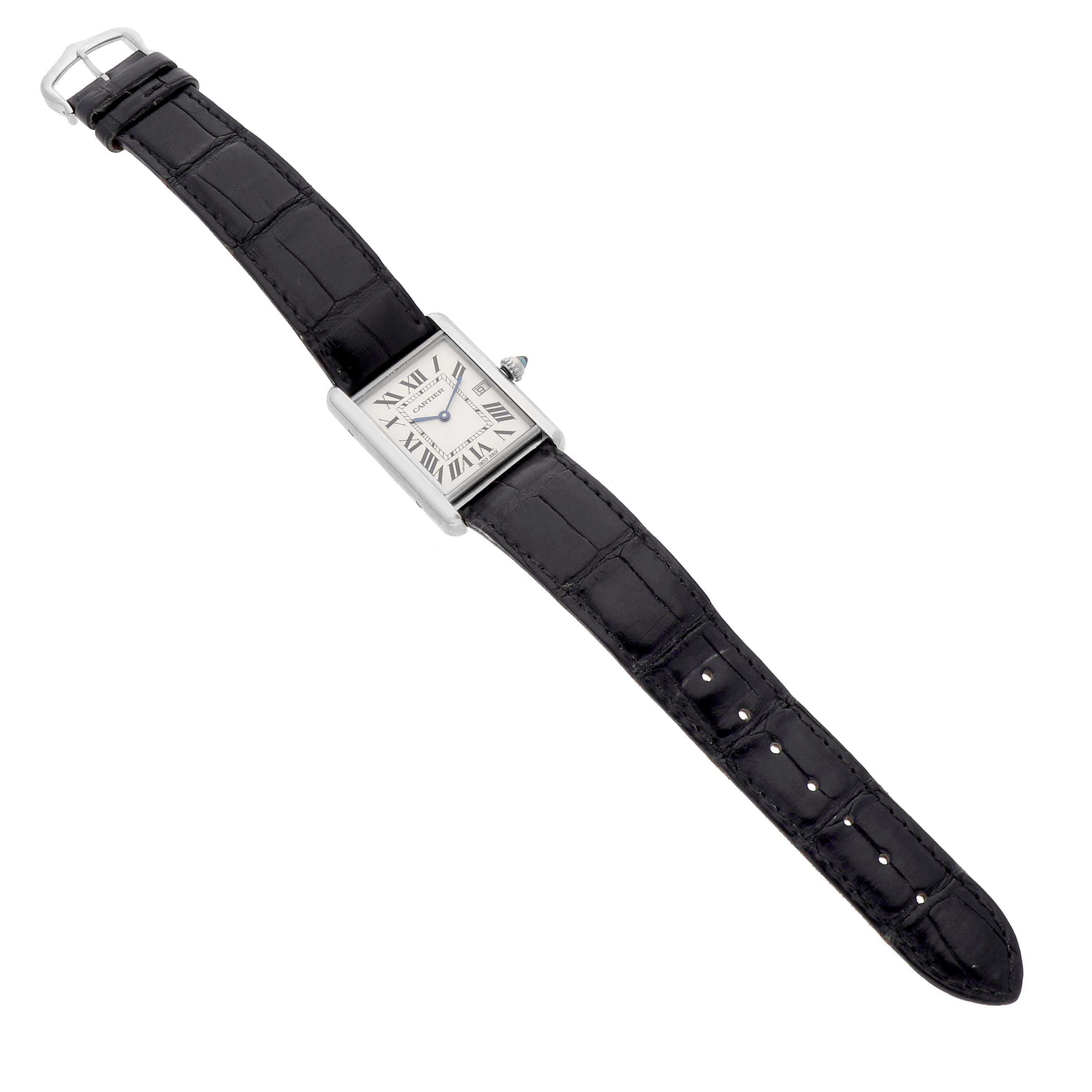 The Cartier Tank Louis W1540956 Men's Stainless Steel Silver Dial watch is shown at an angle, displaying its rectangular face, Roman numerals, leather strap, and buckle.