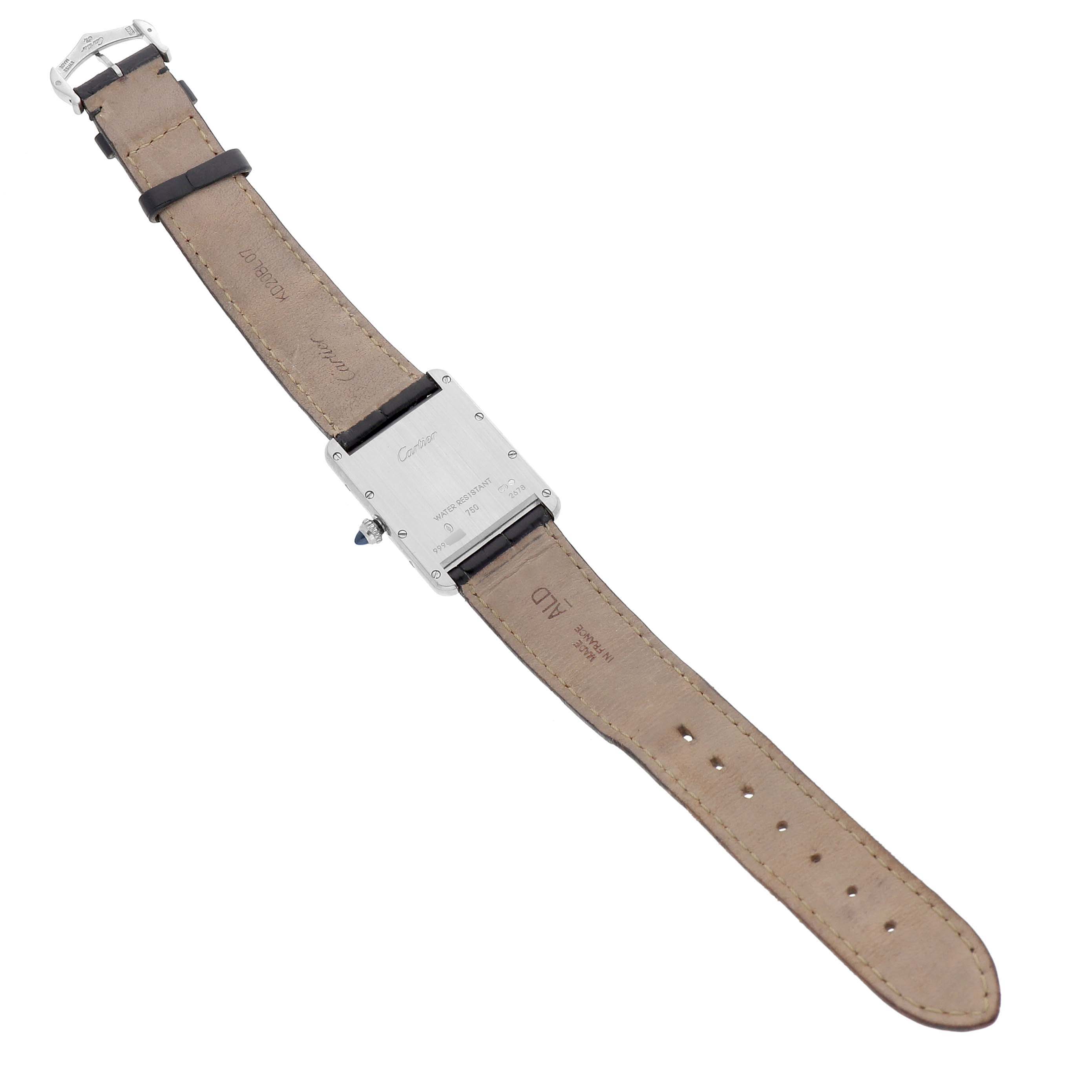 This image shows the back view of a Cartier Tank Louis W1540956 Men's Stainless Steel Silver Dial watch, highlighting the strap and case back.