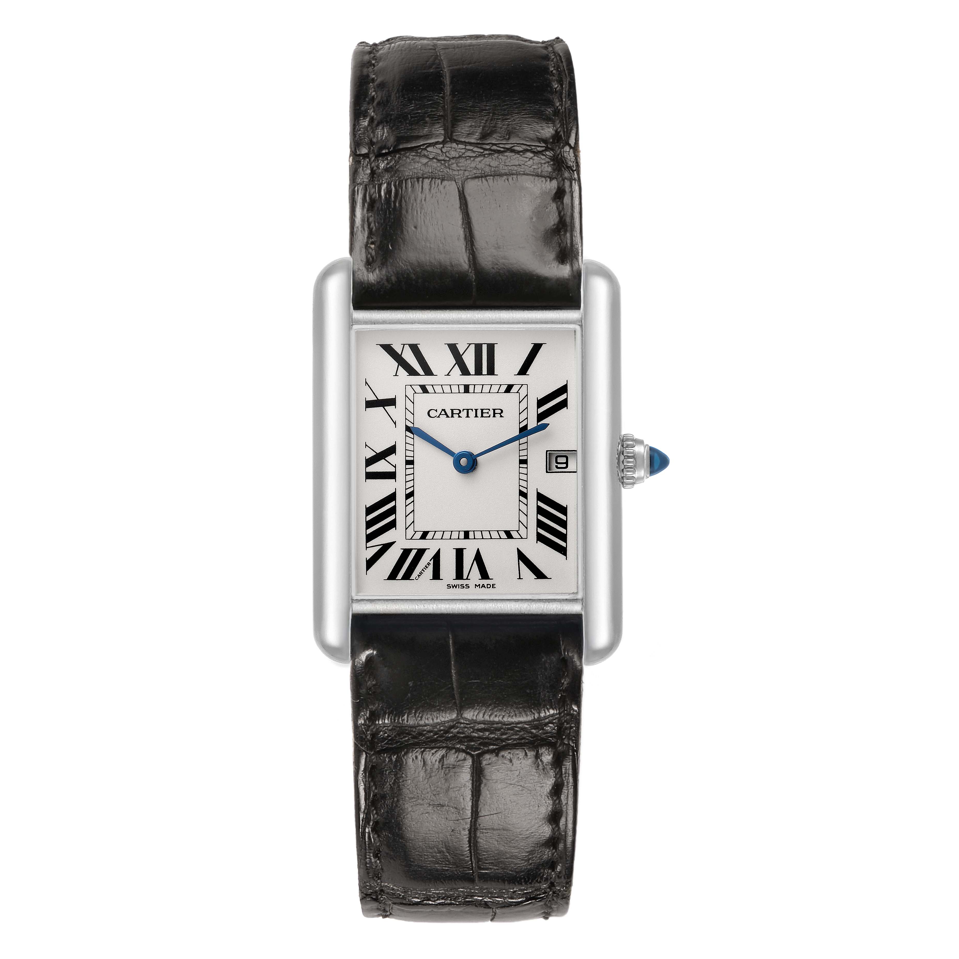 The Cartier Tank Louis W1540956 Men's Stainless Steel Silver Dial watch is shown from a top view, highlighting the face, Roman numerals, hands, leather strap, and crown.