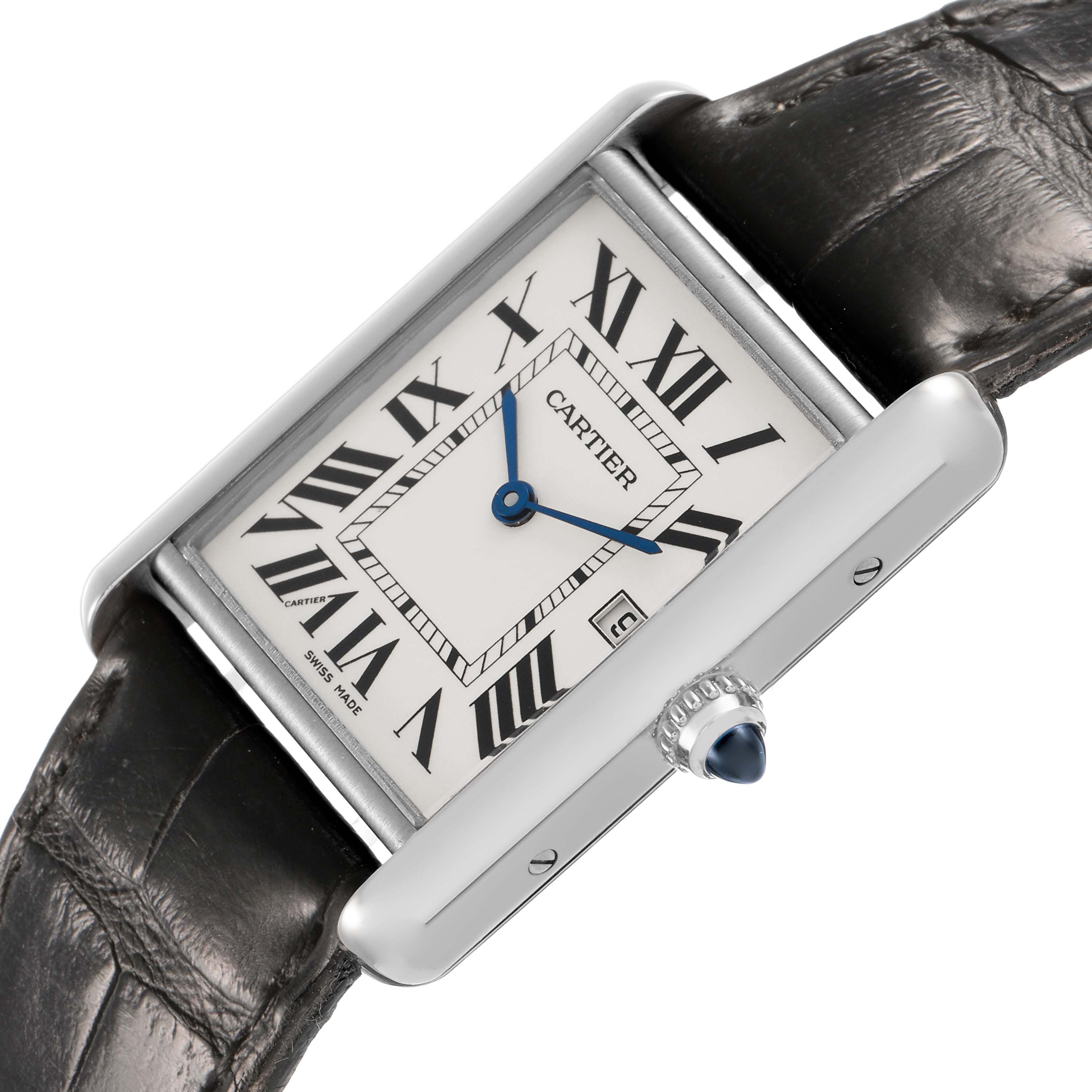 The Cartier Tank Louis W1540956 Men's Stainless Steel Silver Dial watch is shown at an oblique angle, displaying its rectangular face, Roman numerals, blue hands, and leather strap.