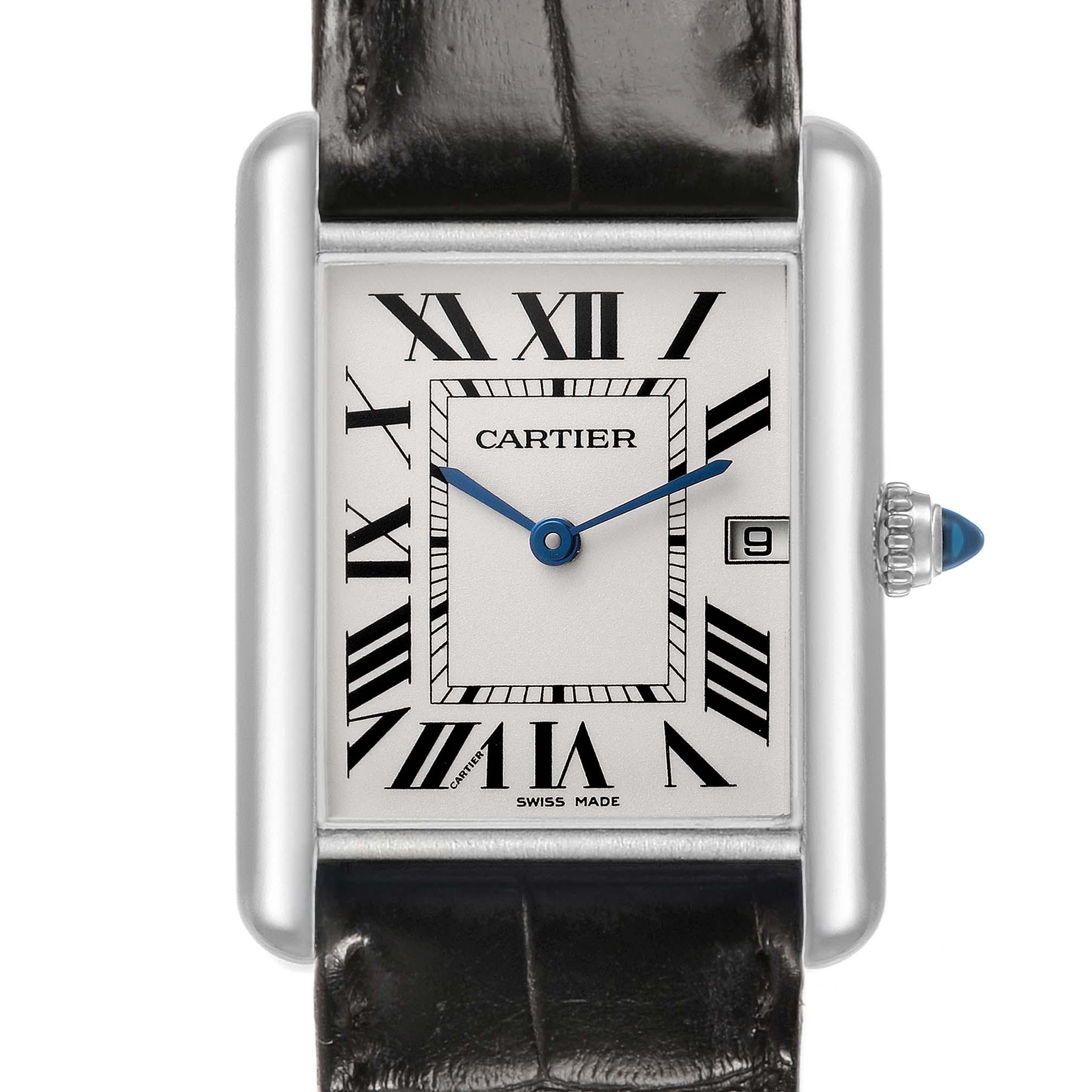 The image shows a front view of the Cartier Tank Louis W1540956 Men's Stainless Steel Silver Dial watch, displaying its dial, Roman numerals, and crown with a blue cabochon.