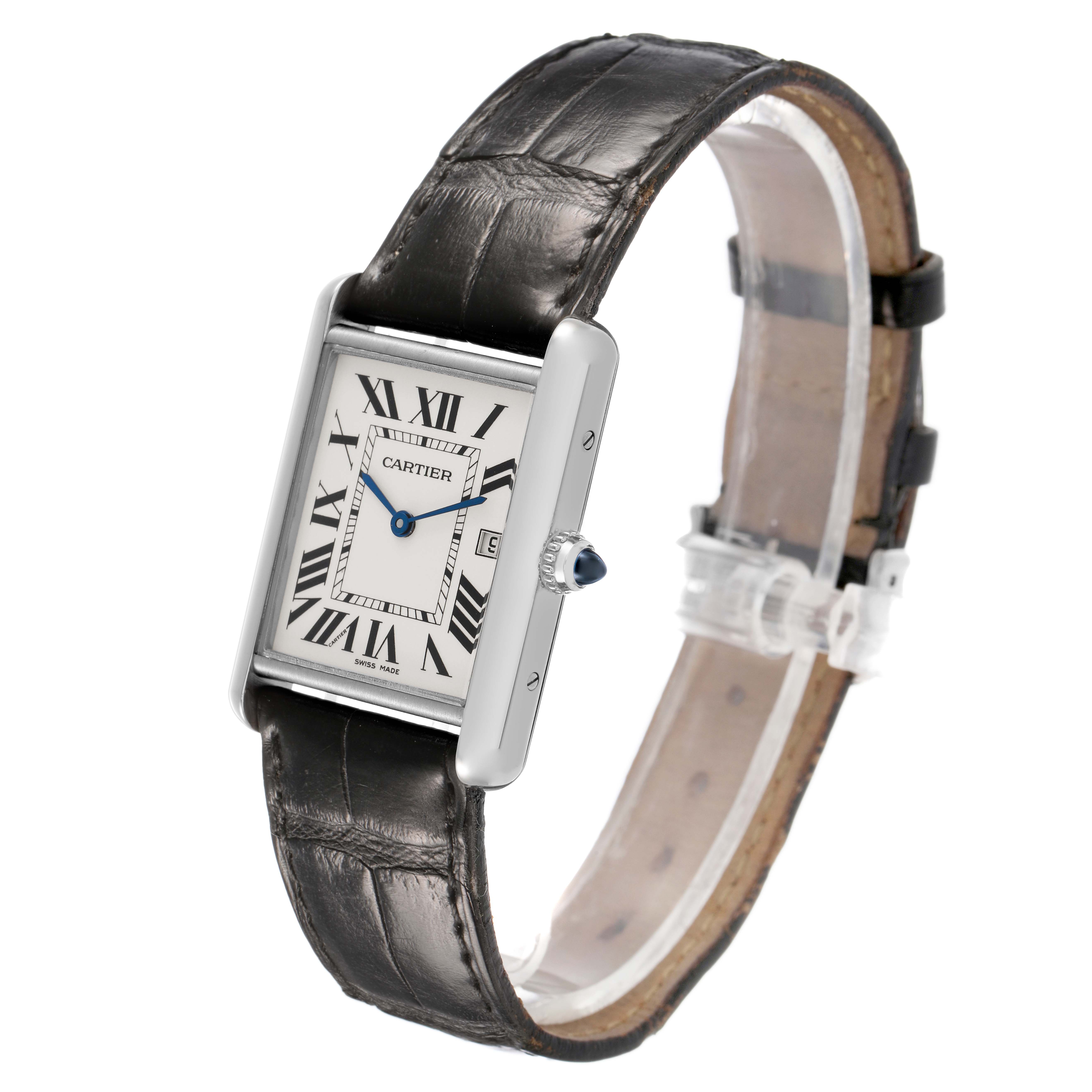 The Cartier Tank Louis W1540956 Men's Stainless Steel Silver Dial watch is shown at a three-quarter angle, highlighting the face, crown, and leather strap.
