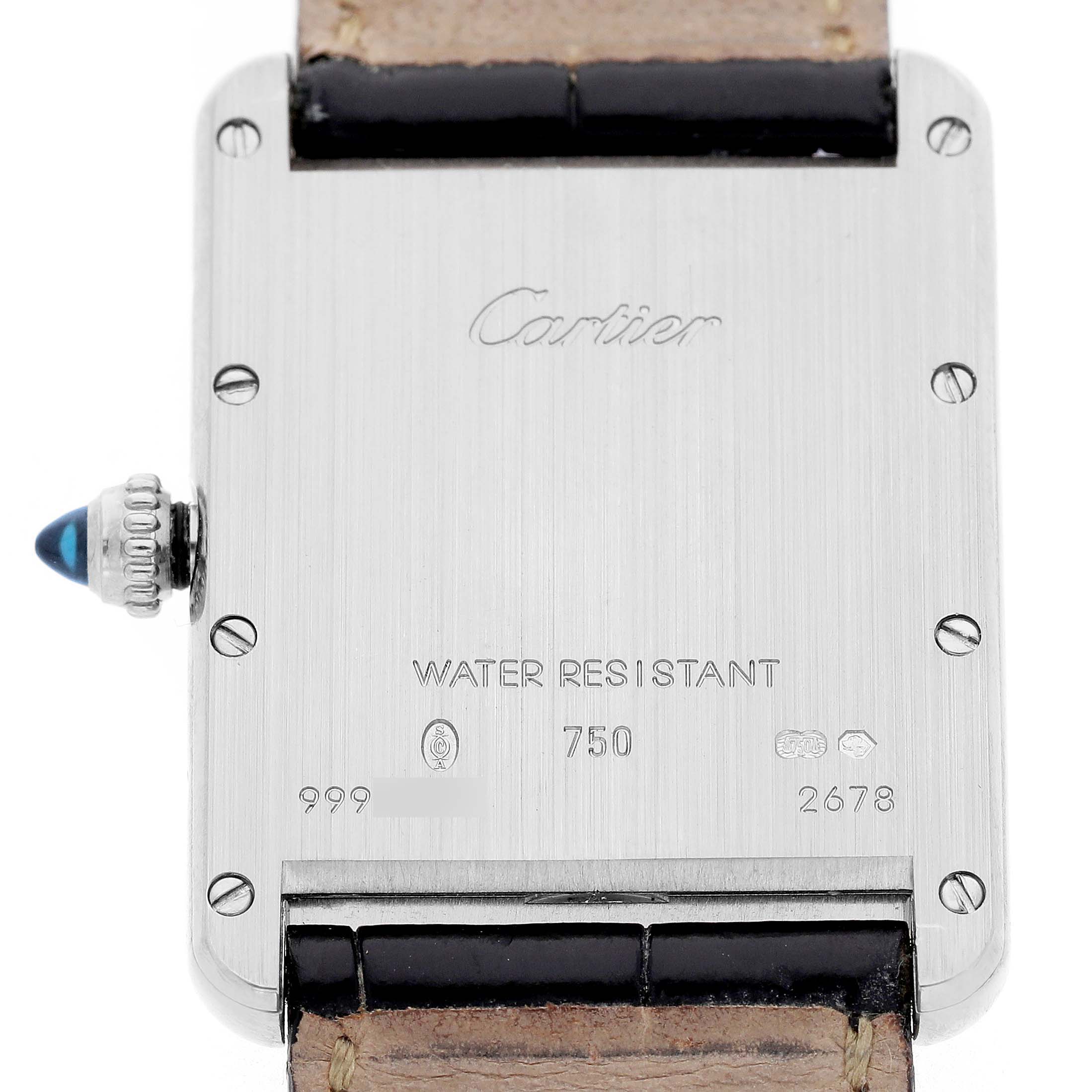 The image shows the back of the Cartier Tank Louis W1540956 Men's Stainless Steel Silver Dial watch, highlighting its case, inscriptions, and crown.