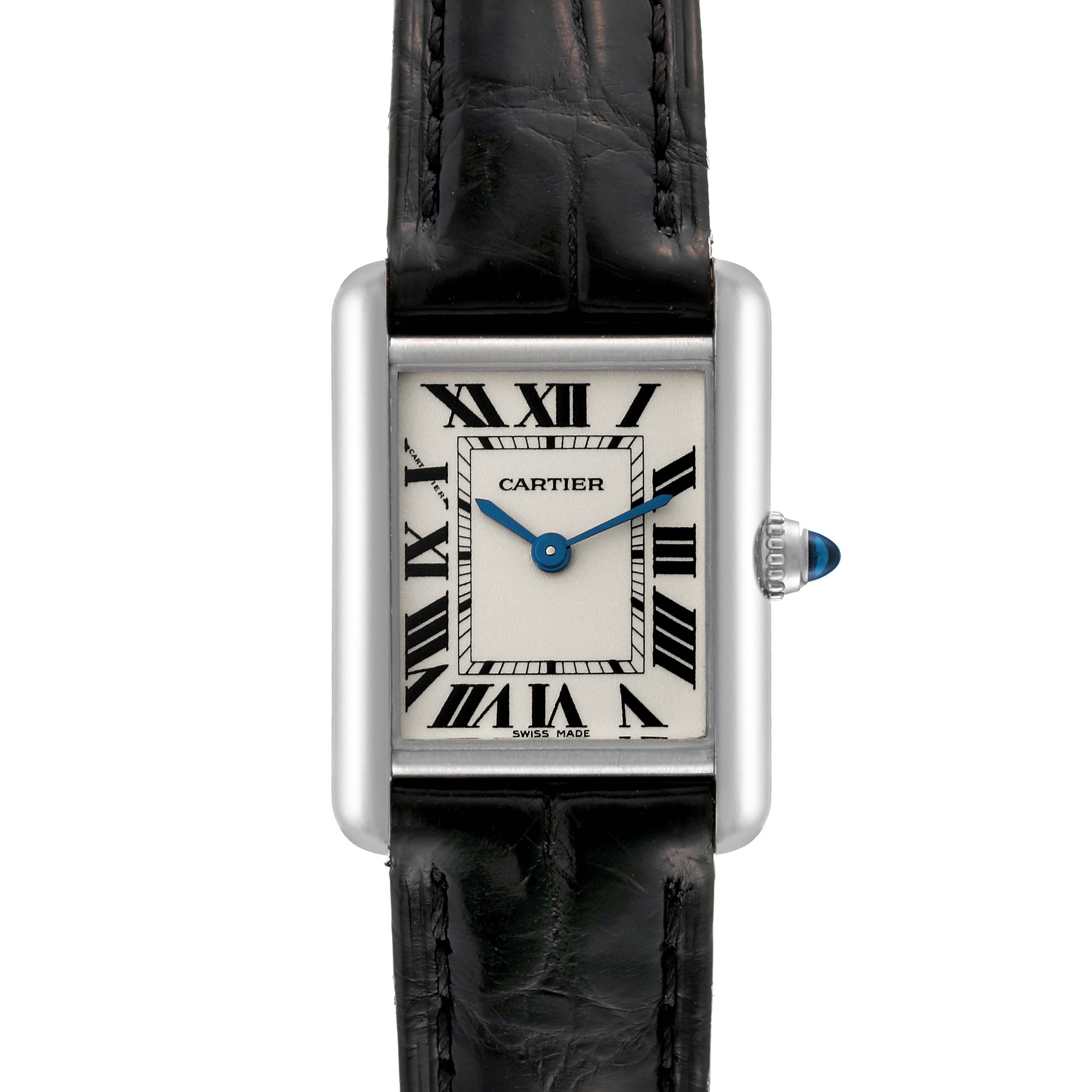 The Cartier Tank Louis W1541056 Women's White Gold Silver Dial W1541056 Women's White Gold Silver Dial watch is shown from a top-down angle, displaying its face, Roman numerals, and black leather strap.