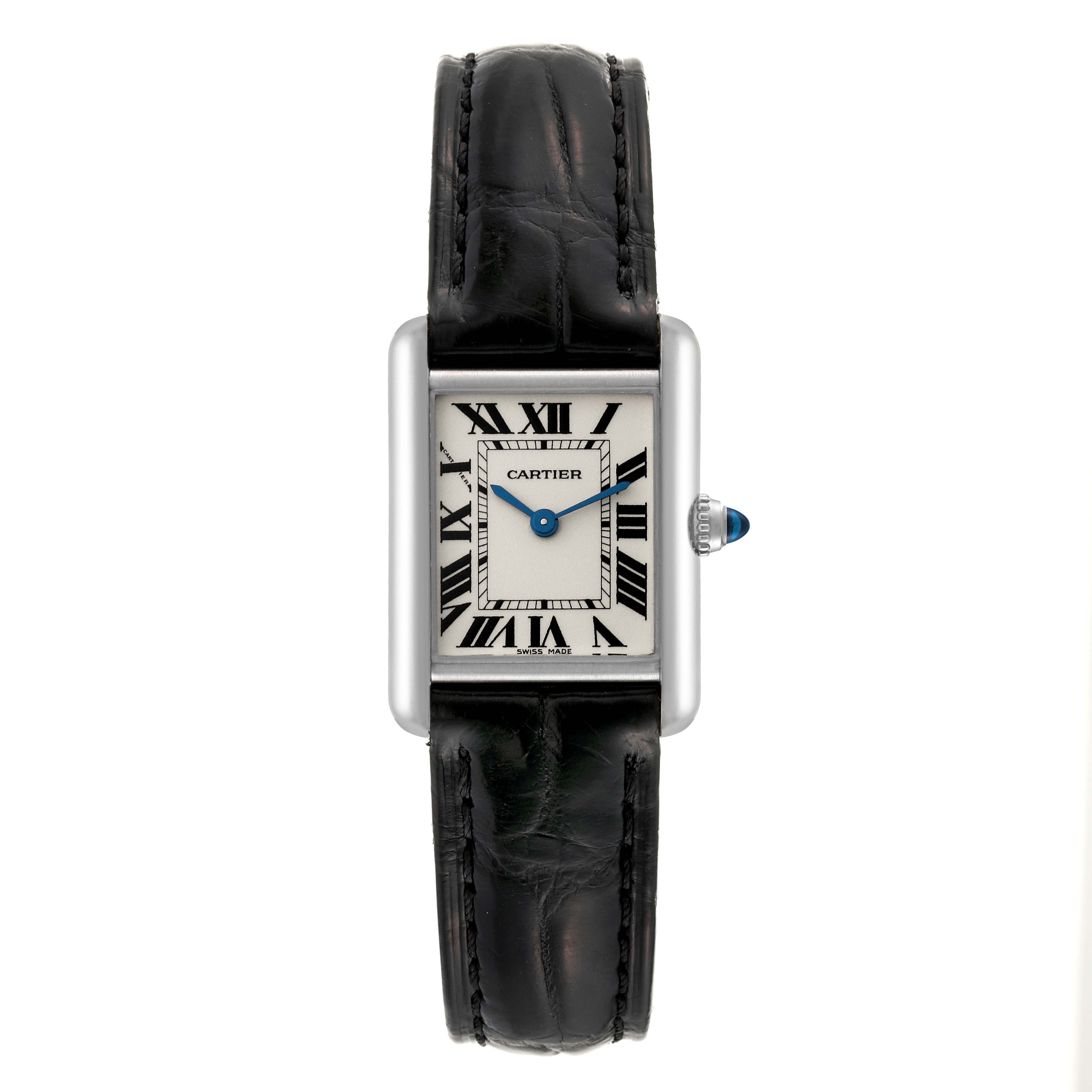 The image shows a frontal view of the Cartier Tank Louis W1541056 Women's White Gold Silver Dial W1541056 Women's White Gold Silver Dial watch, including its rectangular face, Roman numerals, blue hands, crown, and black leather strap.