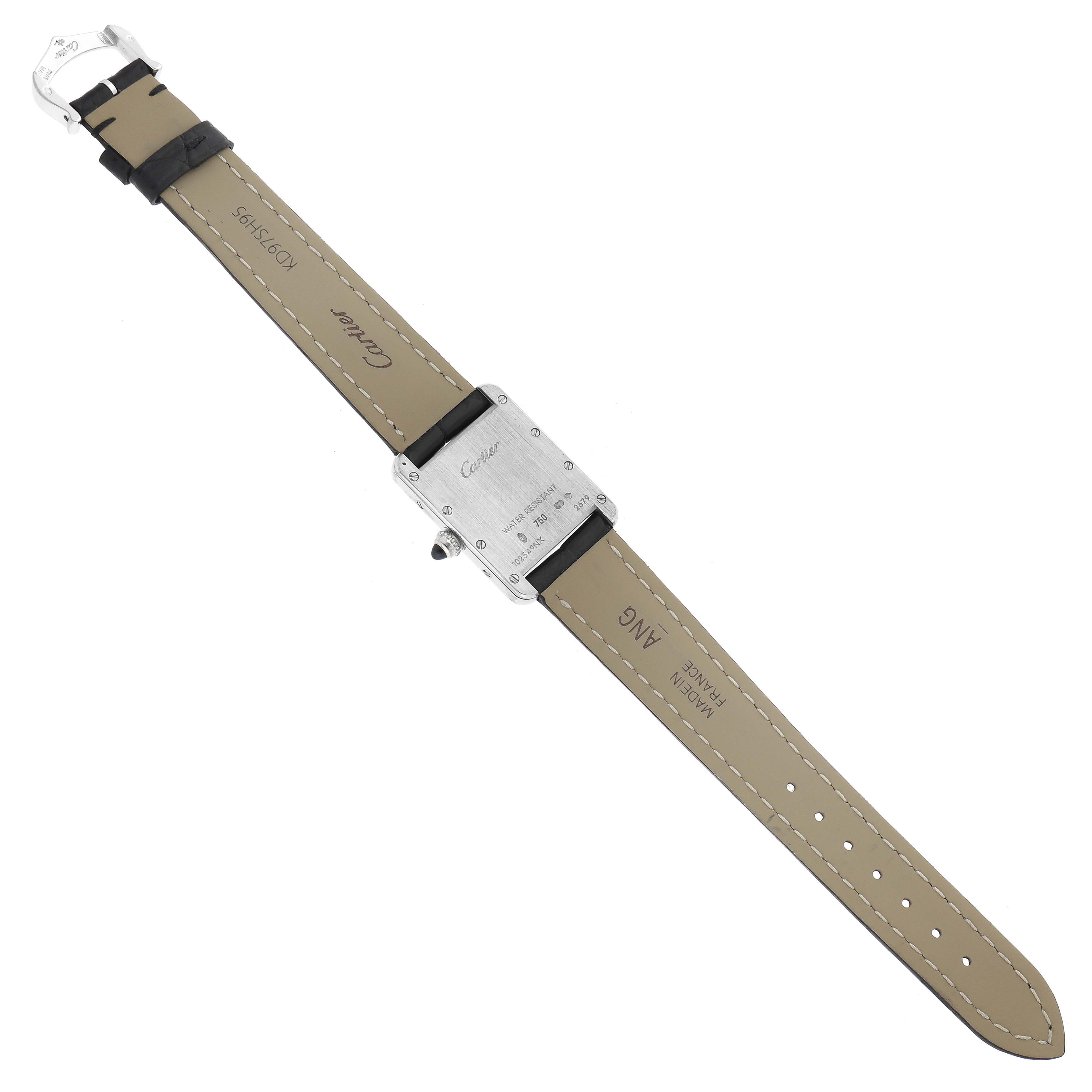 The image shows the back side of a Cartier Tank Louis W1541056 Women's White Gold Silver Dial W1541056 Women's White Gold Silver Dial watch, including the watch case and leather strap.