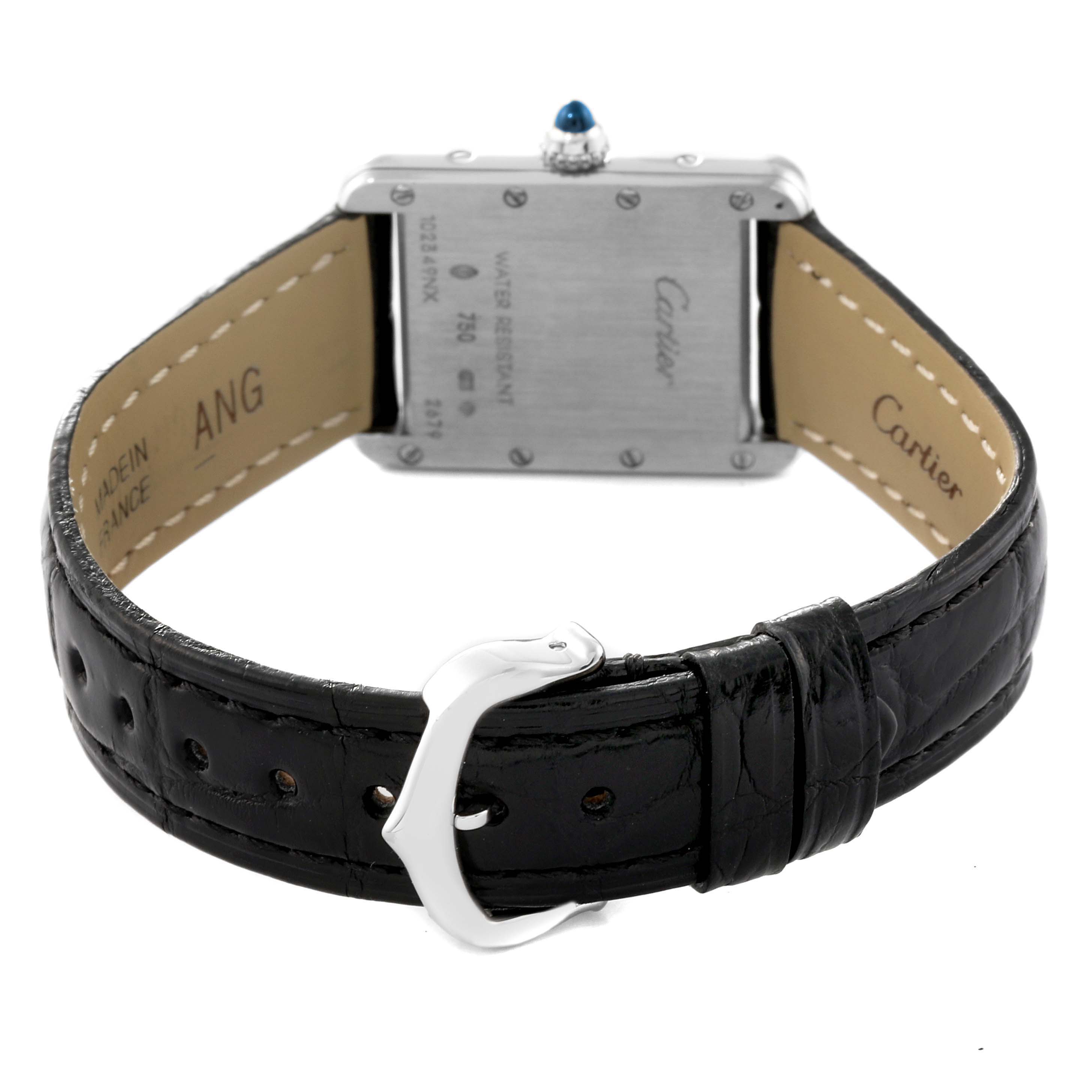 The image shows the back view of the Cartier Tank Louis W1541056 Women's White Gold Silver Dial W1541056 Women's White Gold Silver Dial watch, highlighting the strap, buckle, and case back.