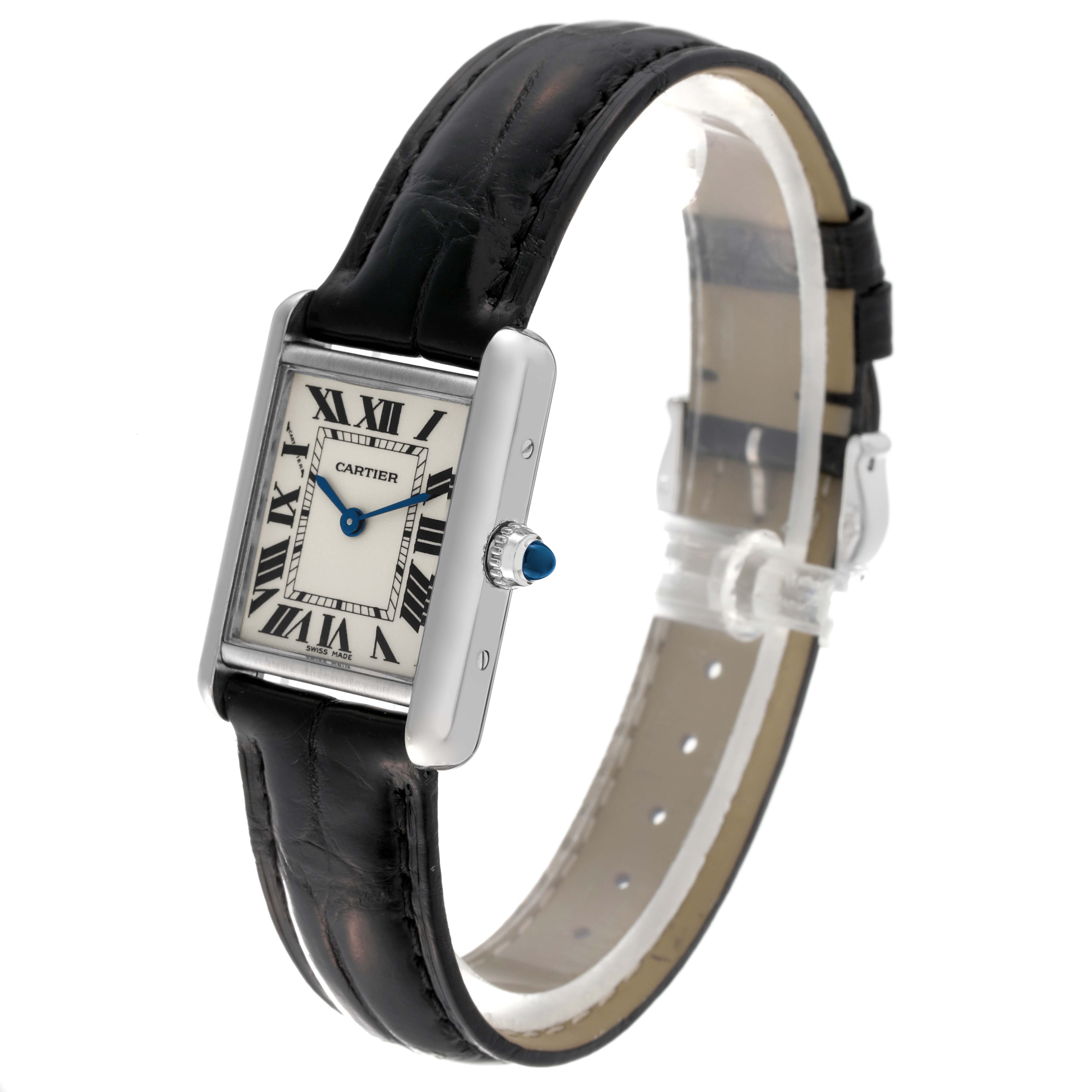 The image shows a Cartier Tank Louis W1541056 Women's White Gold Silver Dial W1541056 Women's White Gold Silver Dial model watch at a slight angle, displaying its rectangular face, Roman numerals, and black leather strap.