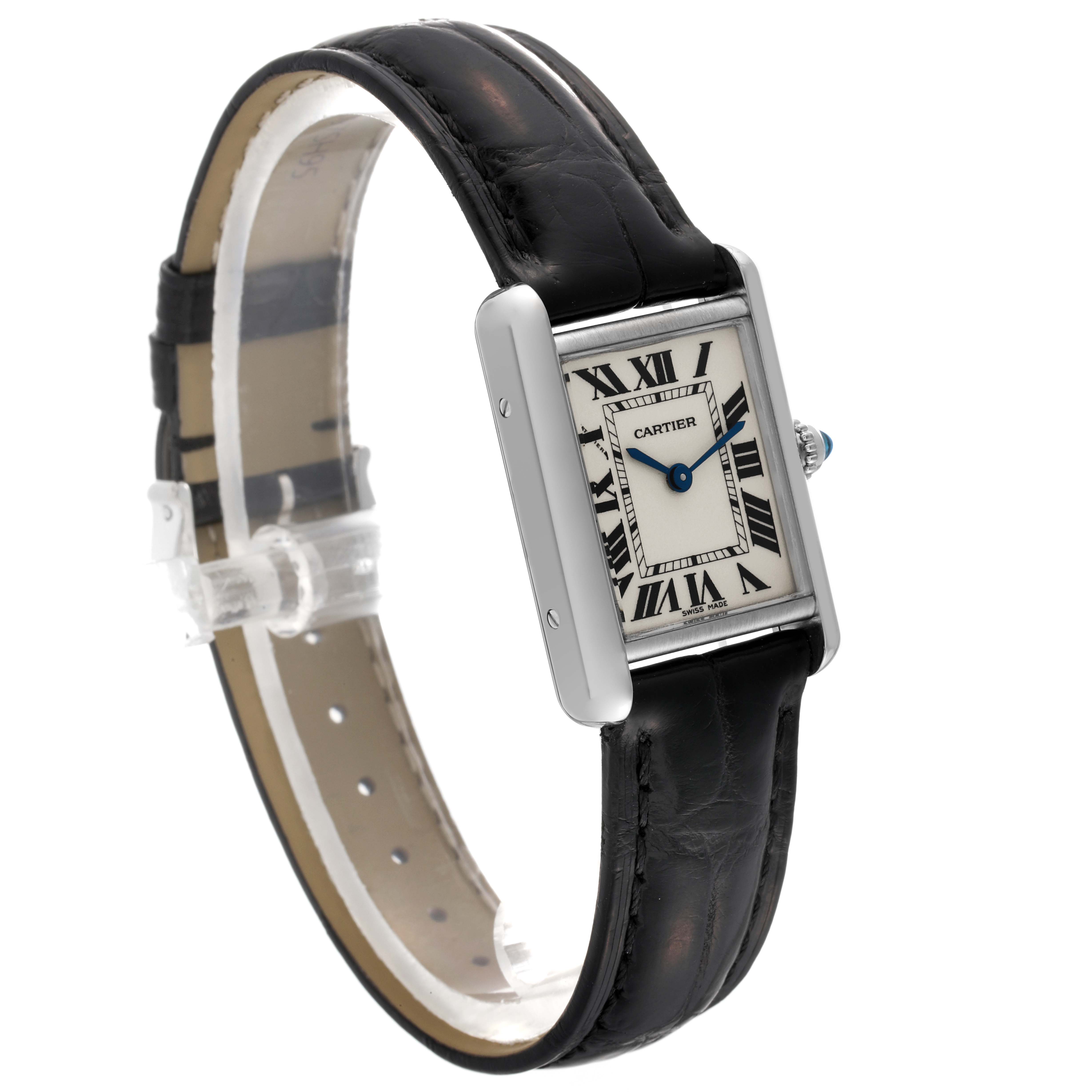 The Cartier Tank Louis W1541056 Women's White Gold Silver Dial W1541056 Women's White Gold Silver Dial watch is shown at a three-quarter angle, highlighting the face, black leather strap, and stainless steel case.