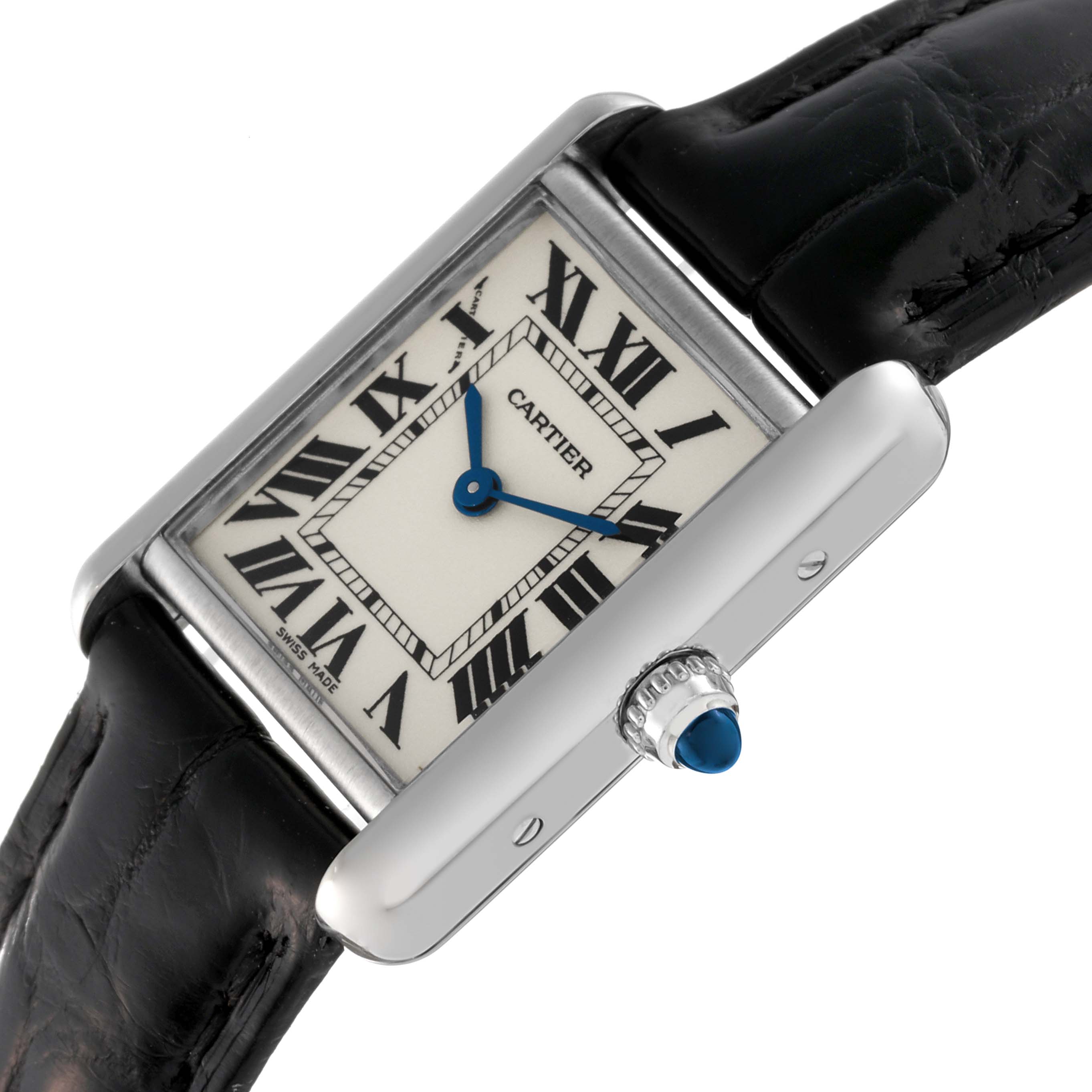This image shows a close-up, top-side view of a Cartier Tank Louis W1541056 Women's White Gold Silver Dial W1541056 Women's White Gold Silver Dial watch, displaying the dial, Roman numerals, blue hands, and crown with a blue cabochon.