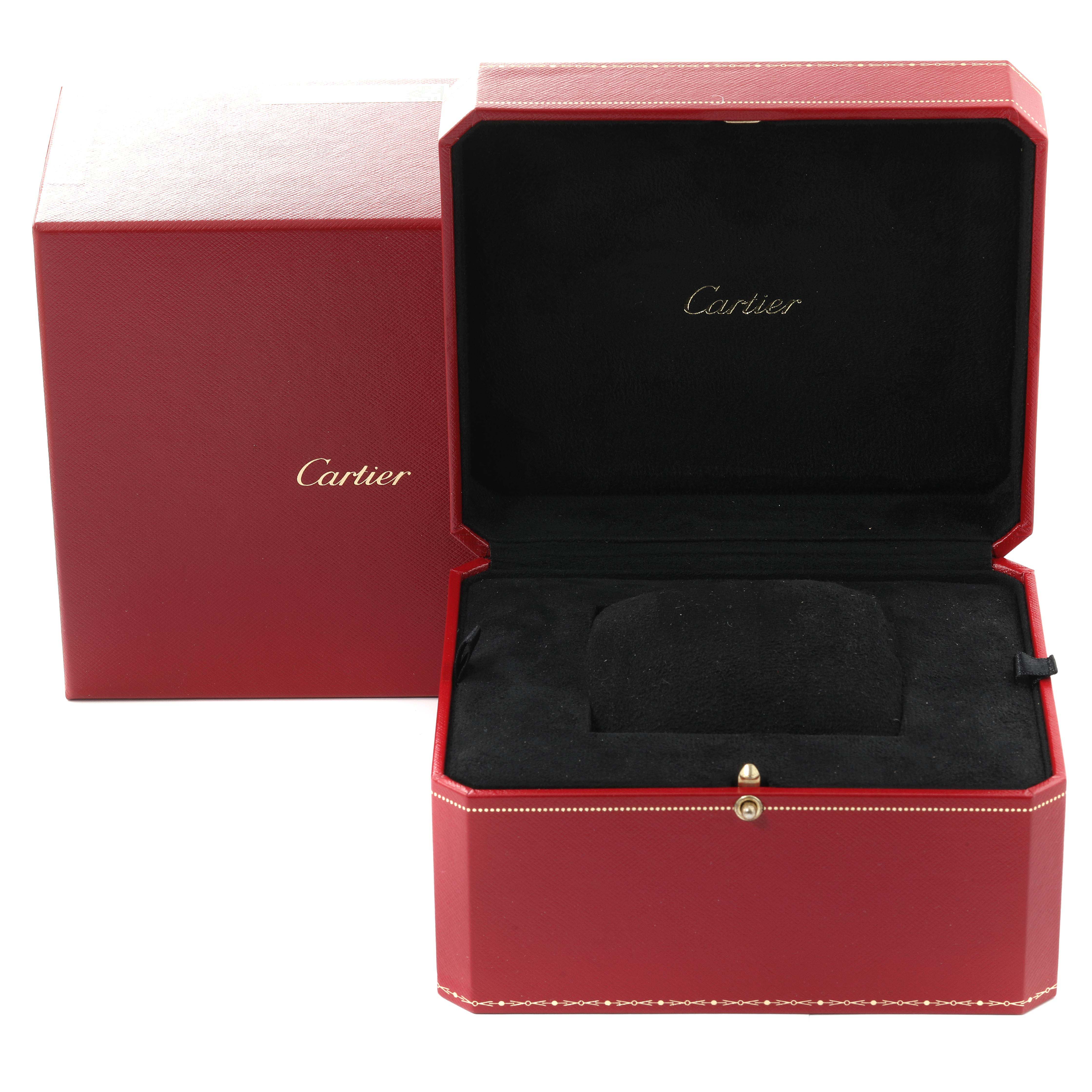 This image shows an open Cartier Tank Louis W1560003 Men's Rose Gold Silver Dial W1560003 Men's Rose Gold Silver Dial watch box, angled slightly to display the interior velvet lining and the brand logo.