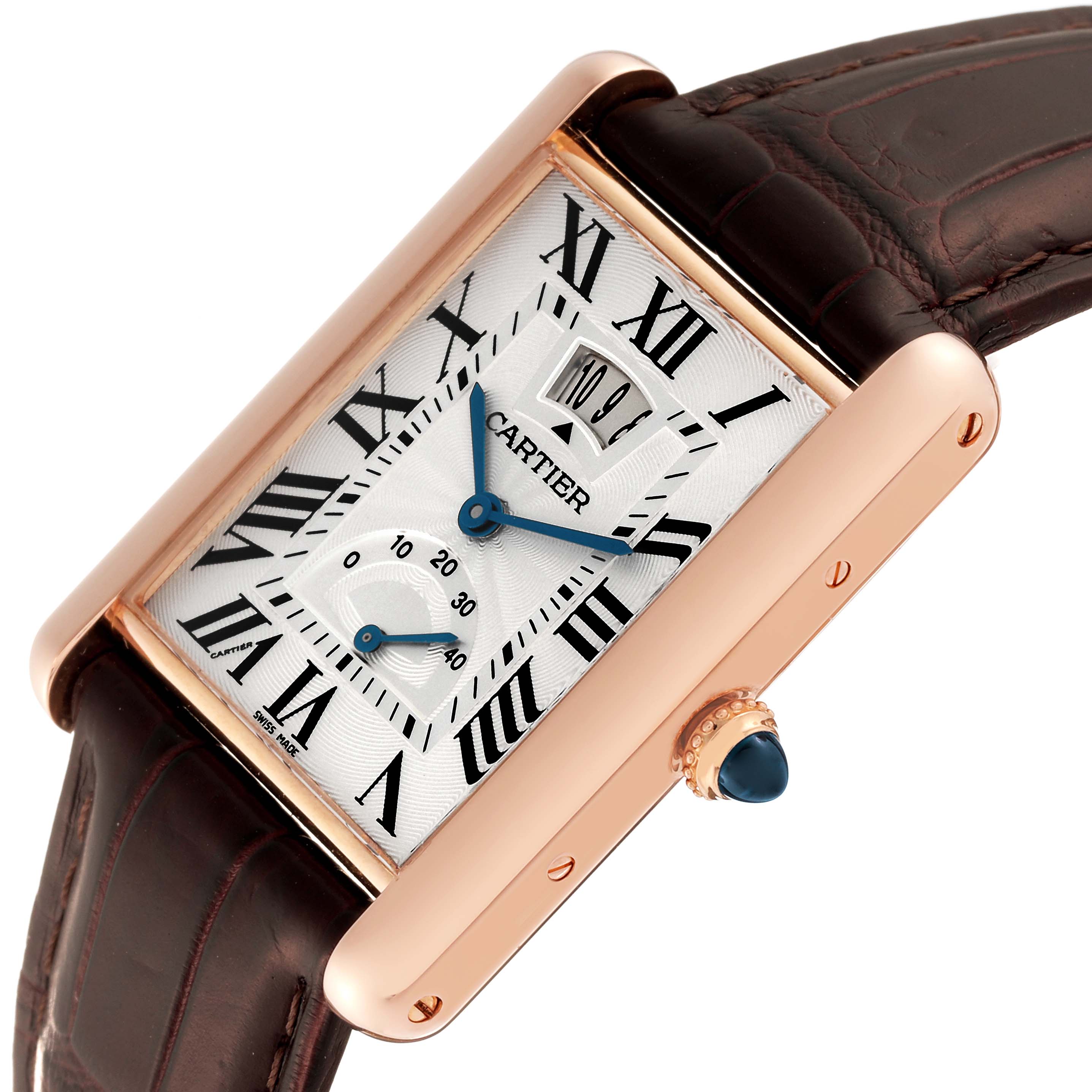 The image shows a close-up, angled view of a Cartier Tank Louis W1560003 Men's Rose Gold Silver Dial W1560003 Men's Rose Gold Silver Dial watch featuring its dial, crown, and part of the leather strap.