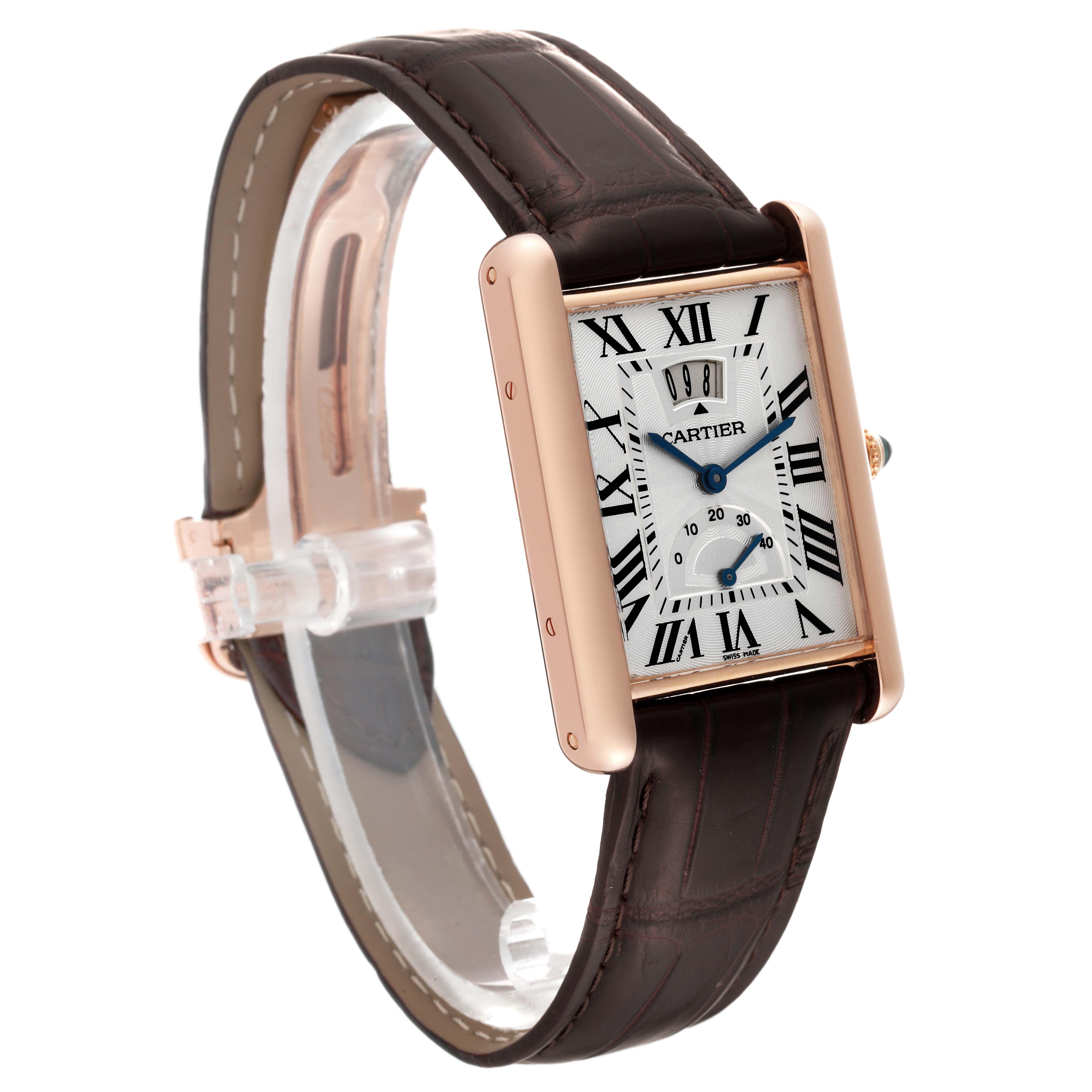 The Cartier Tank Louis W1560003 Men's Rose Gold Silver Dial W1560003 Men's Rose Gold Silver Dial model is shown at an angled side view, highlighting its rectangular case and brown leather strap.