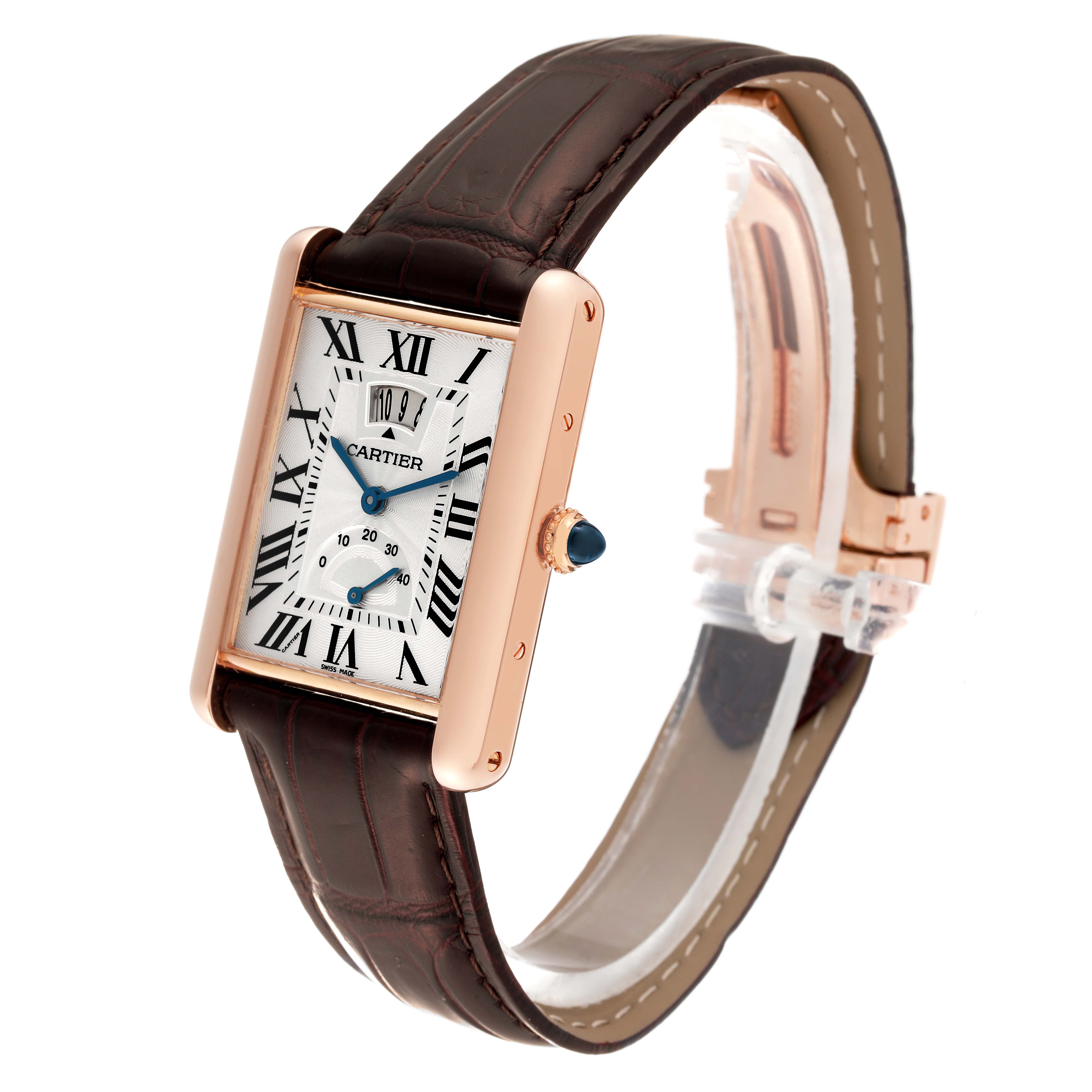 This Cartier Tank Louis W1560003 Men's Rose Gold Silver Dial W1560003 Men's Rose Gold Silver Dial watch is shown at a three-quarter angle, highlighting its face, strap, and side profile.