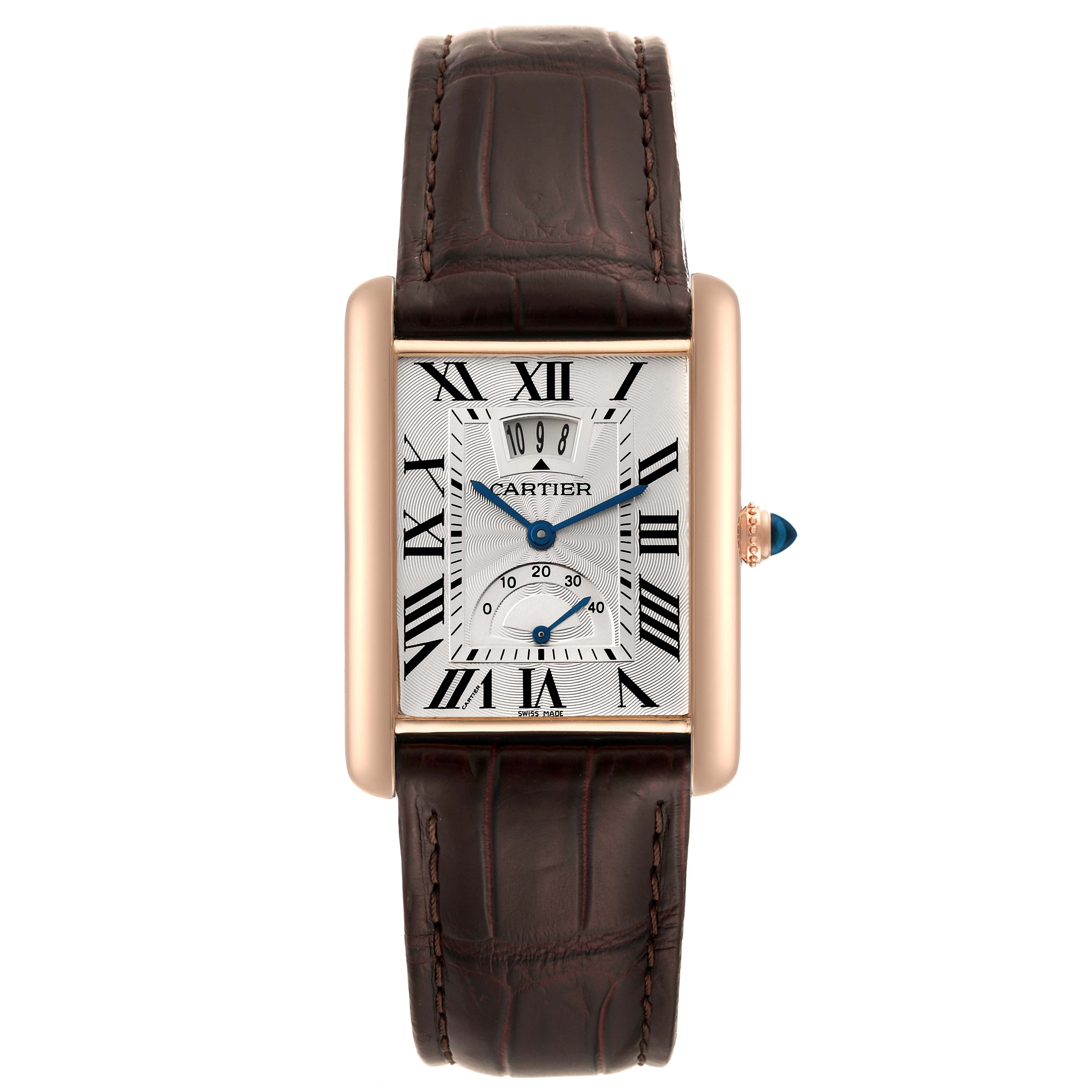 The image shows a frontal view of the Cartier Tank Louis W1560003 Men's Rose Gold Silver Dial W1560003 Men's Rose Gold Silver Dial watch, highlighting its rectangular dial, Roman numerals, and leather strap.