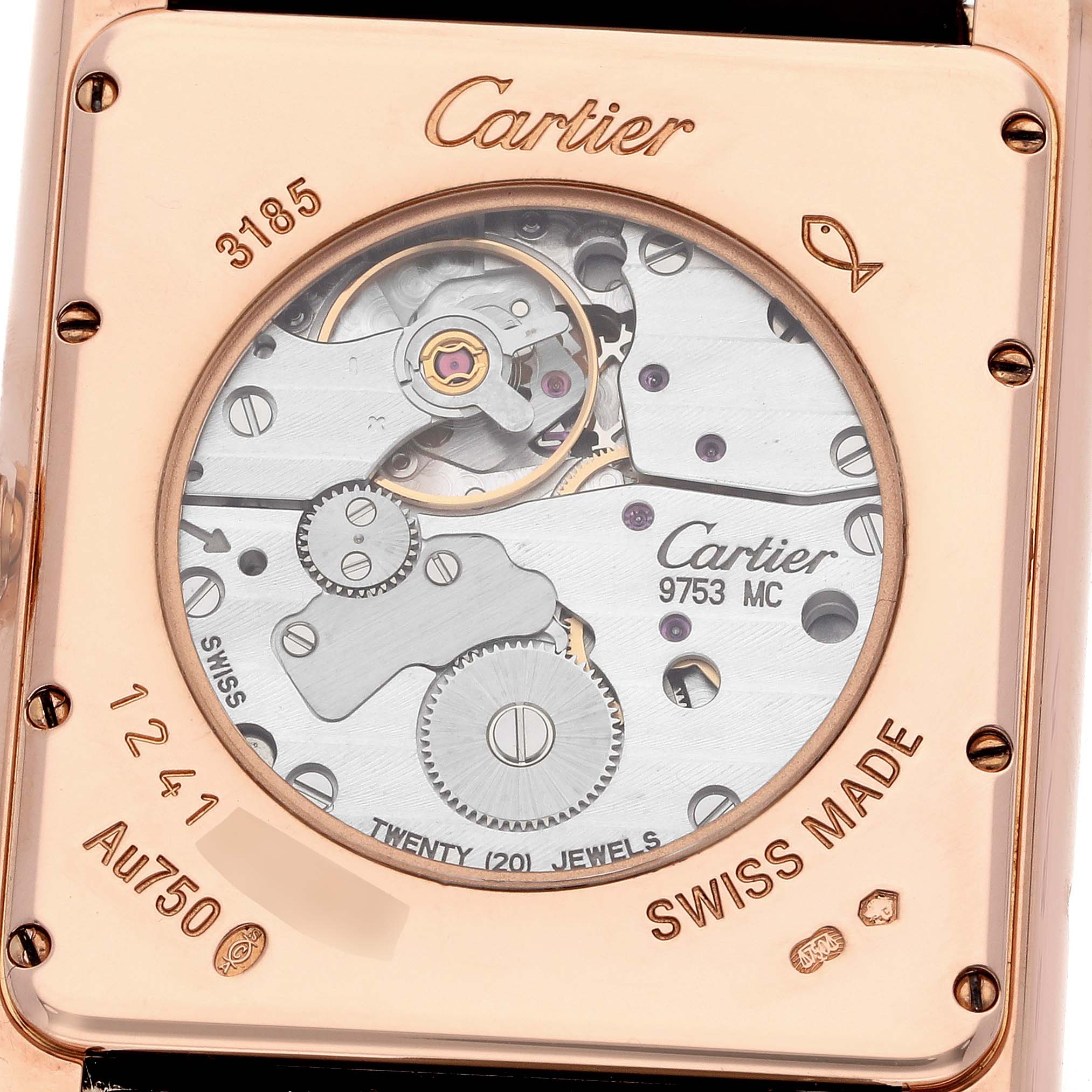 The image shows the back of the Cartier Tank Louis W1560003 Men's Rose Gold Silver Dial W1560003 Men's Rose Gold Silver Dial watch, focusing on its exposed movement and internal mechanisms.