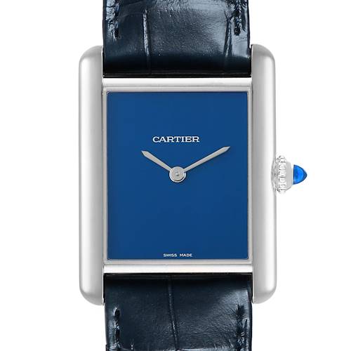 The Cartier Tank Must WSTA0055 Women's Stainless Steel Blue Dial watch is shown from the front, highlighting its rectangular face, blue dial, and crown with a blue cabochon.