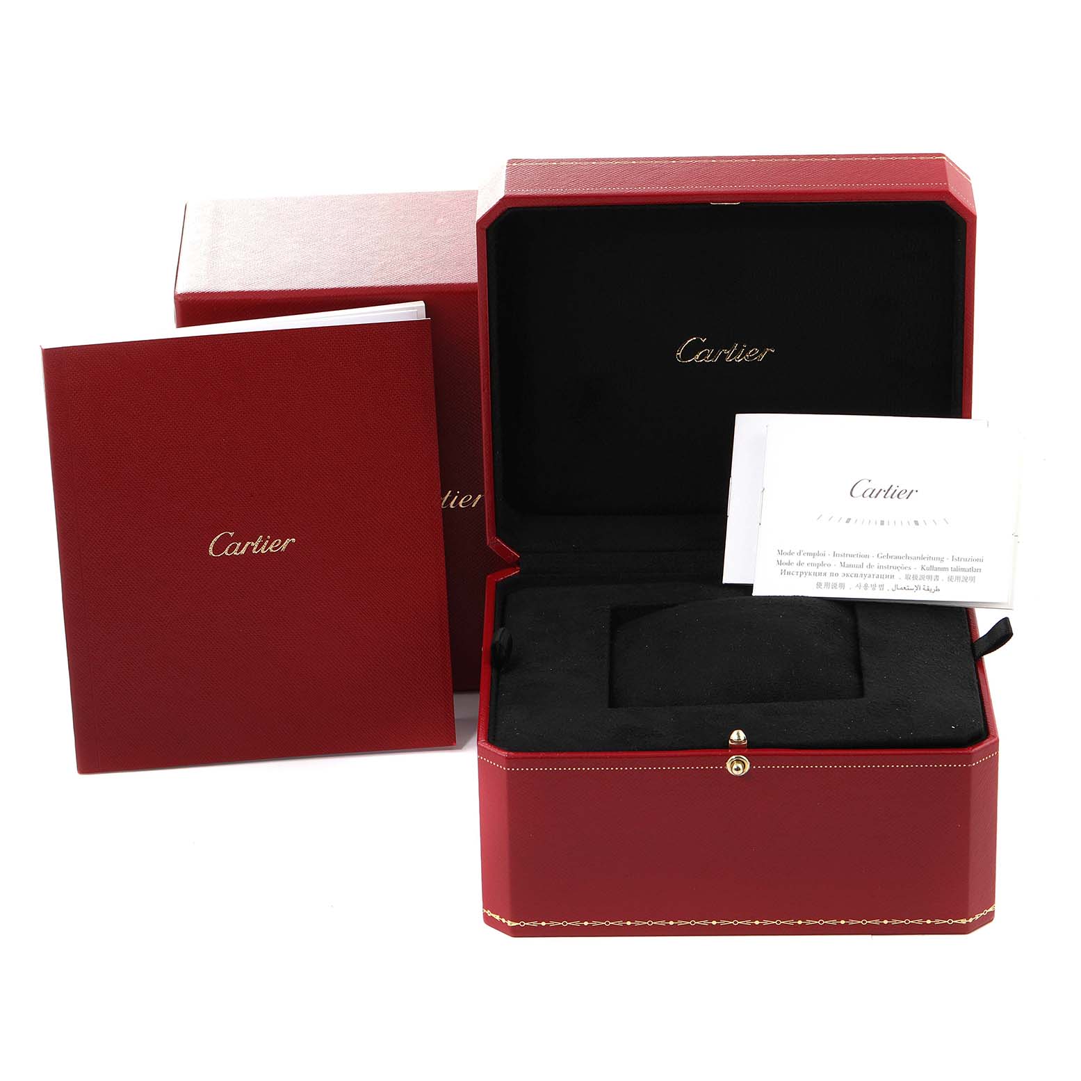 The image shows the Cartier Tank Solo W5200025 Men's Rose Gold Silver Dial W5200025 Men's Rose Gold Silver Dial watch box, booklet, and associated documents.