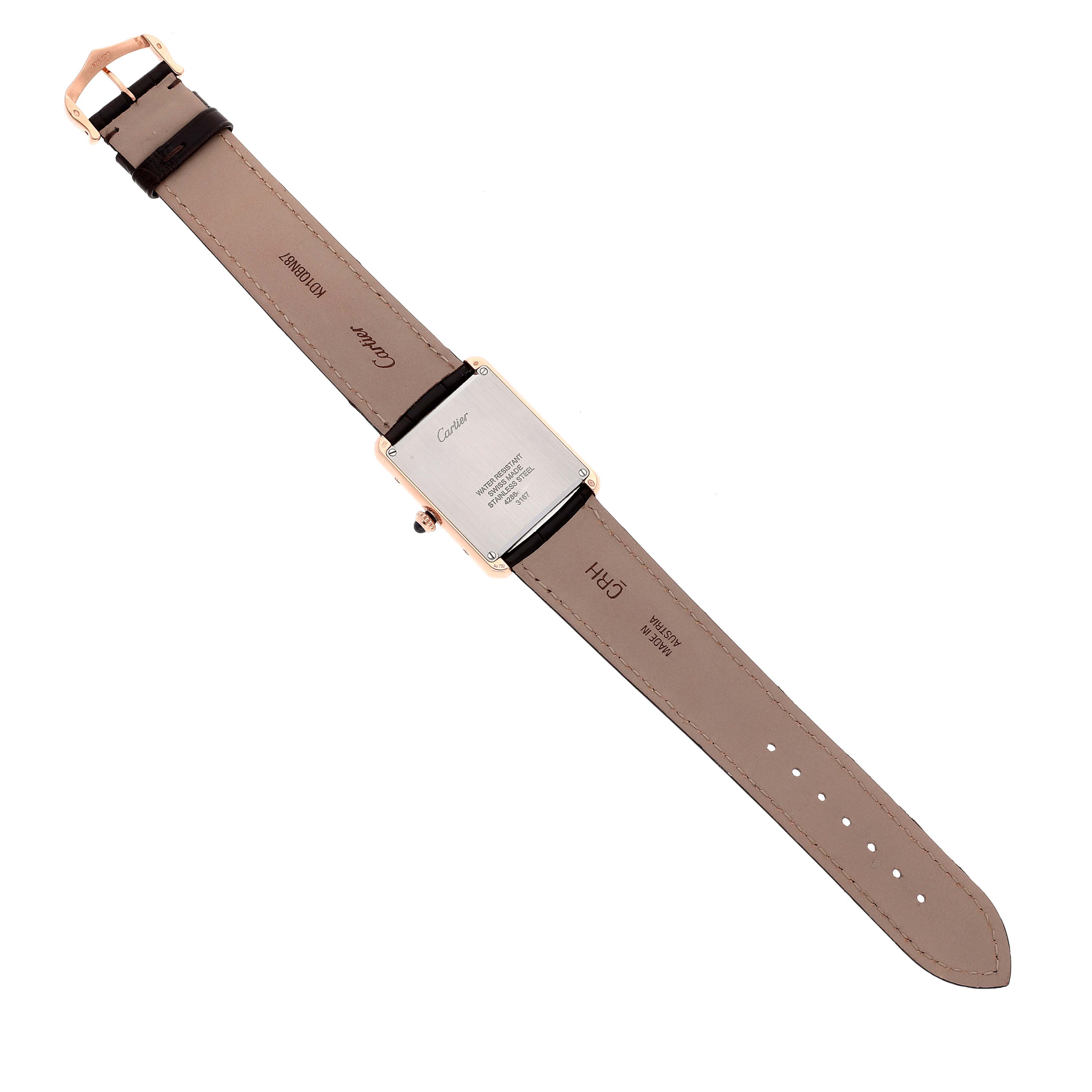 The image shows the back and strap of a Cartier Tank Solo W5200025 Men's Rose Gold Silver Dial W5200025 Men's Rose Gold Silver Dial watch laid flat.