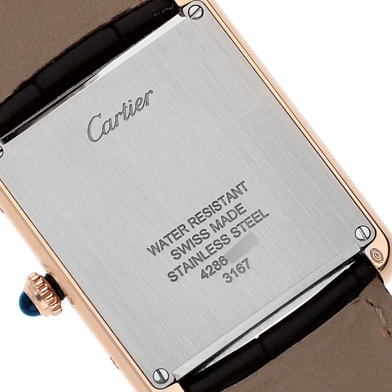 This image shows the back case of a Cartier Tank Solo W5200025 Men's Rose Gold Silver Dial W5200025 Men's Rose Gold Silver Dial watch, highlighting its stainless steel construction and water resistance.