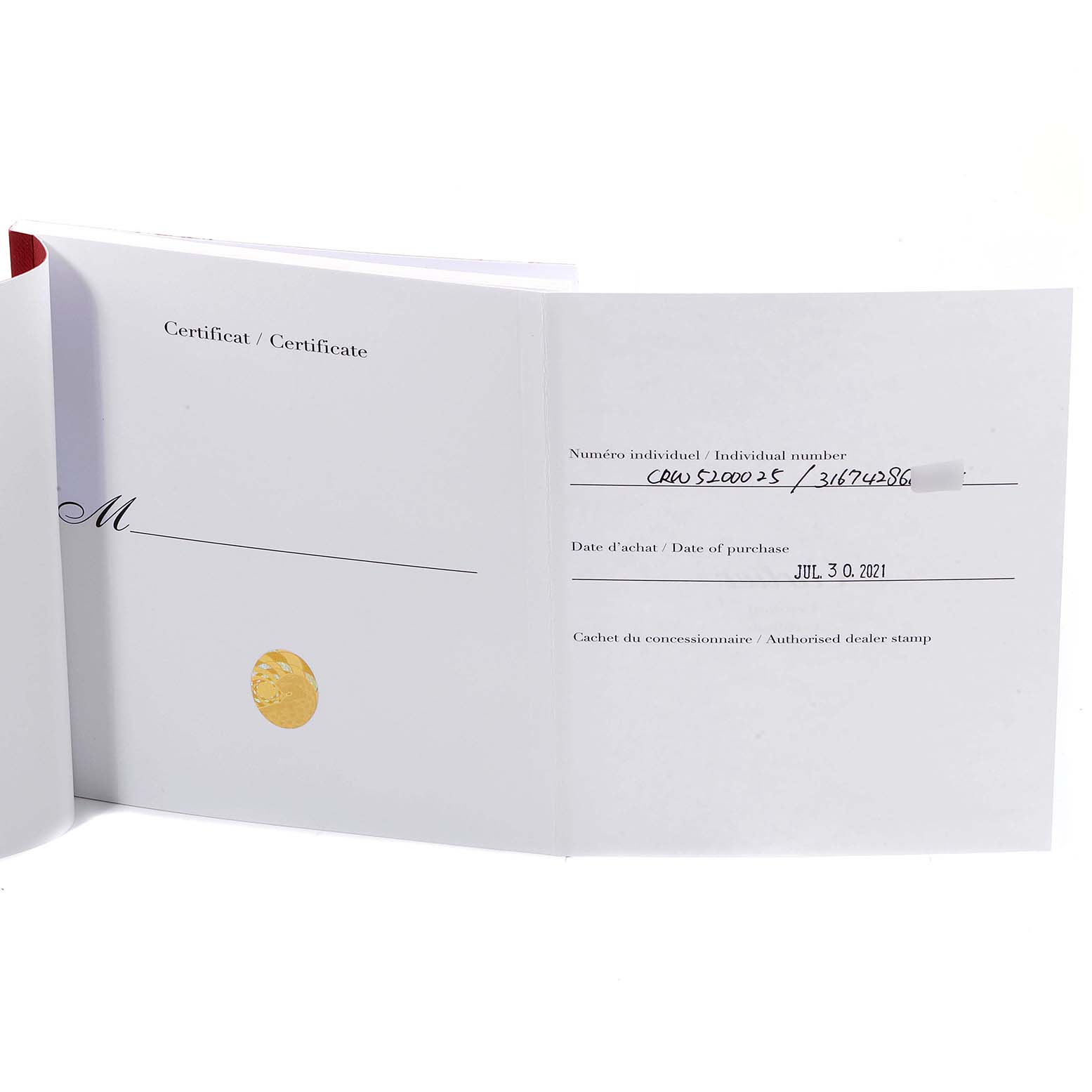 This image shows the certificate and purchase details for a Cartier Tank Solo W5200025 Men's Rose Gold Silver Dial W5200025 Men's Rose Gold Silver Dial watch.