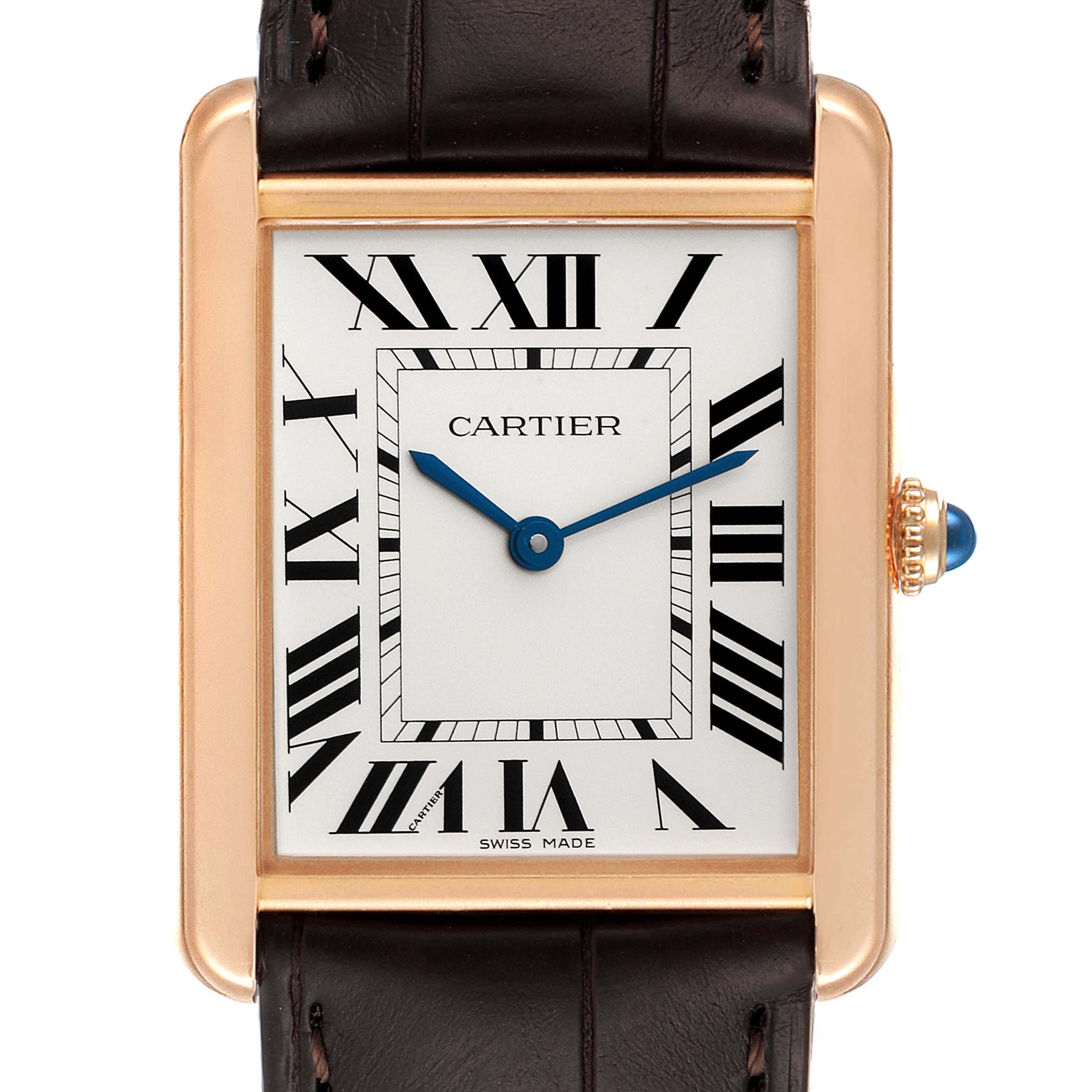 The image shows a front view of the Cartier Tank Solo W5200025 Men's Rose Gold Silver Dial W5200025 Men's Rose Gold Silver Dial watch face and part of its leather strap.