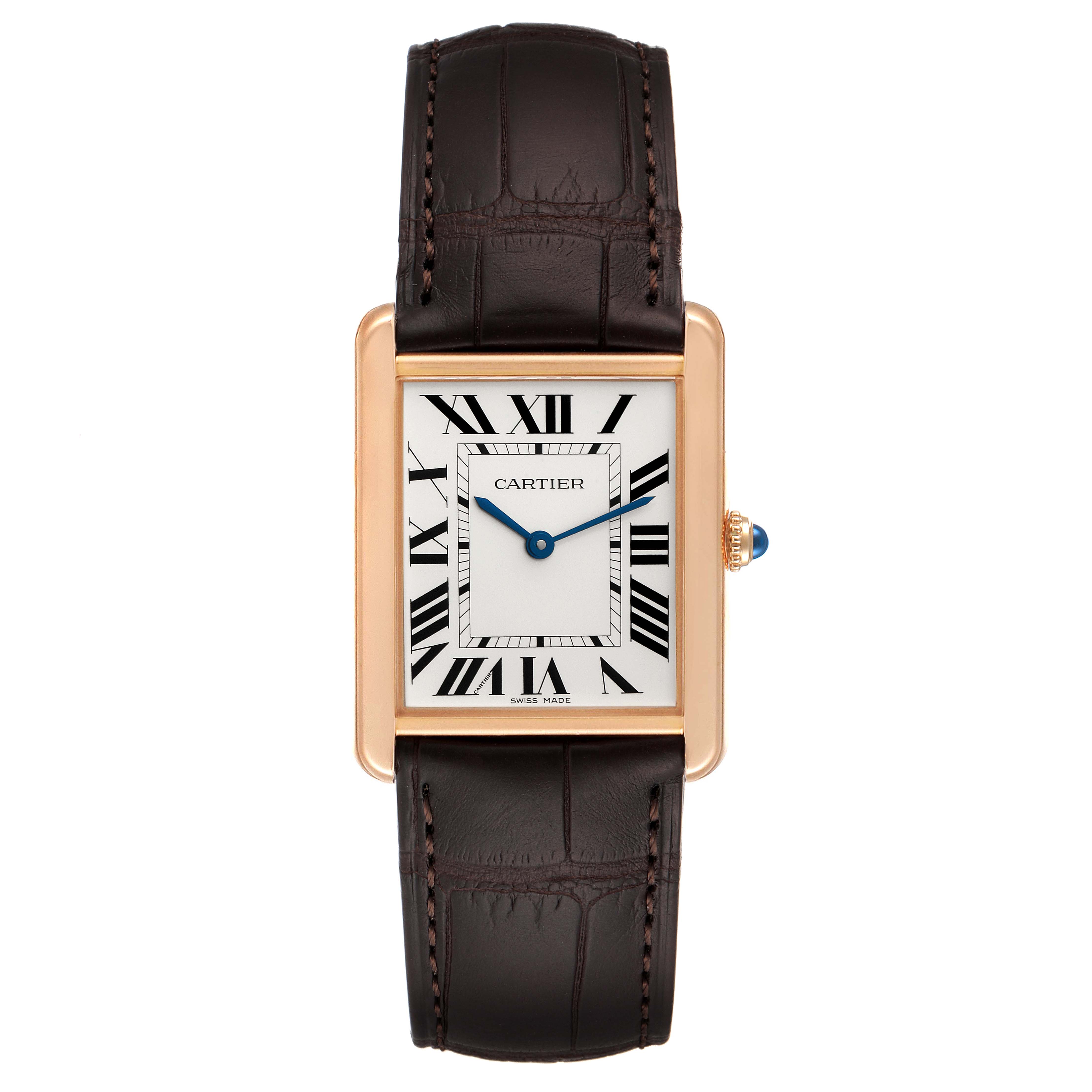 The image shows a Tank Solo model by Cartier, viewed from the front, highlighting the rectangular face, Roman numerals, and leather strap.