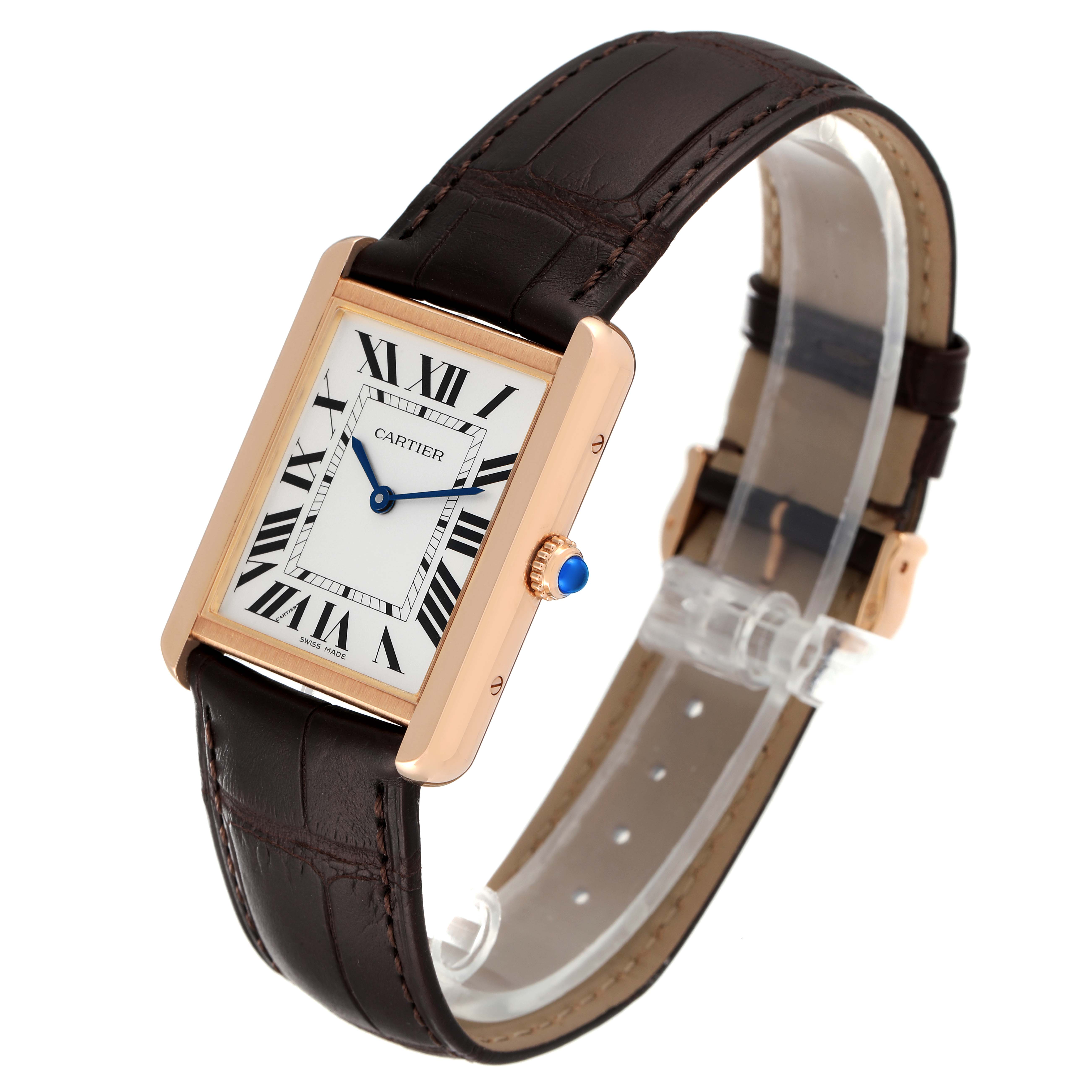 The Cartier Tank Solo W5200025 Men's Rose Gold Silver Dial W5200025 Men's Rose Gold Silver Dial watch is shown at an angle displaying its rectangular face, Roman numerals, and brown leather strap.
