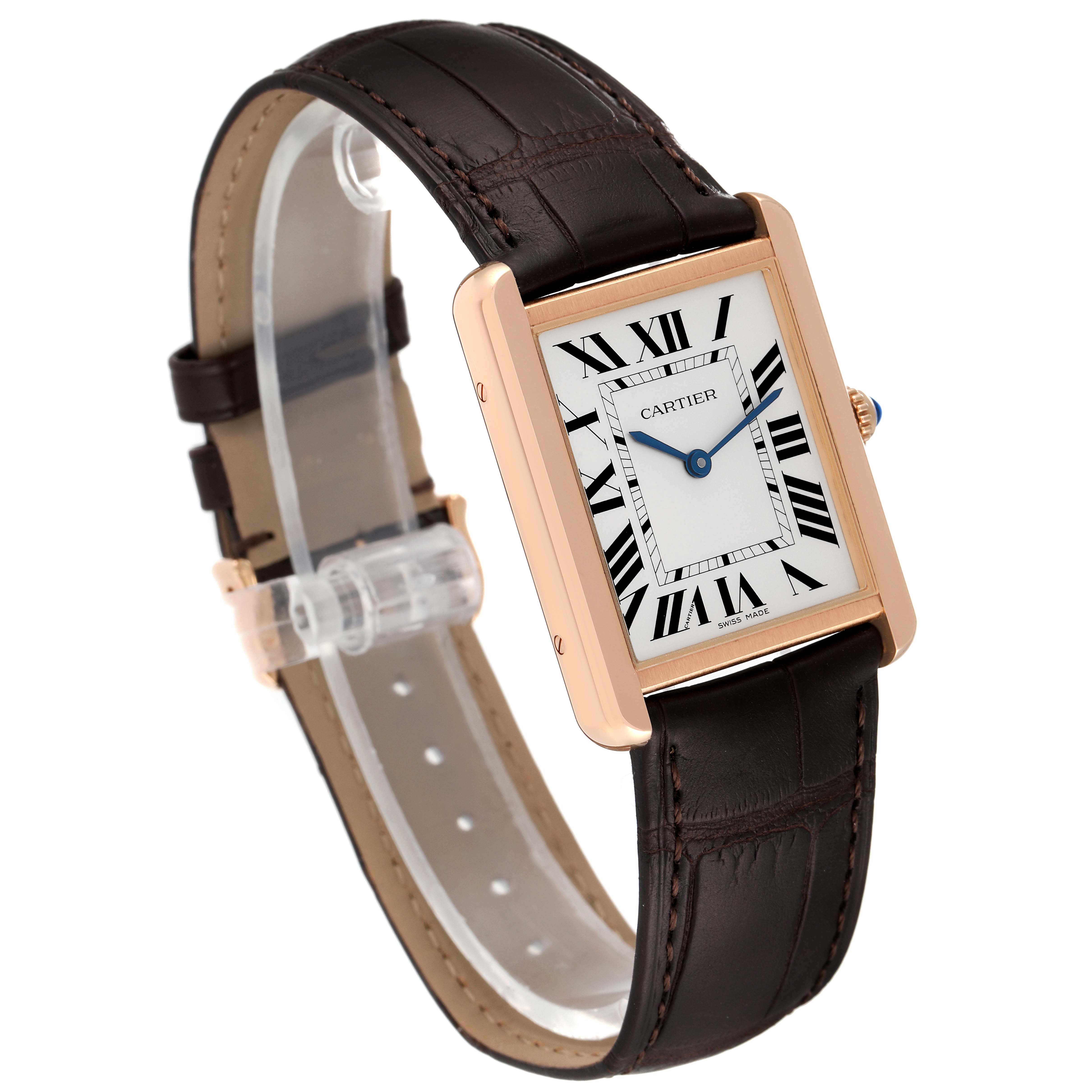 The Cartier Tank Solo W5200025 Men's Rose Gold Silver Dial W5200025 Men's Rose Gold Silver Dial watch is displayed at an angle showing the face, strap, and side crown.