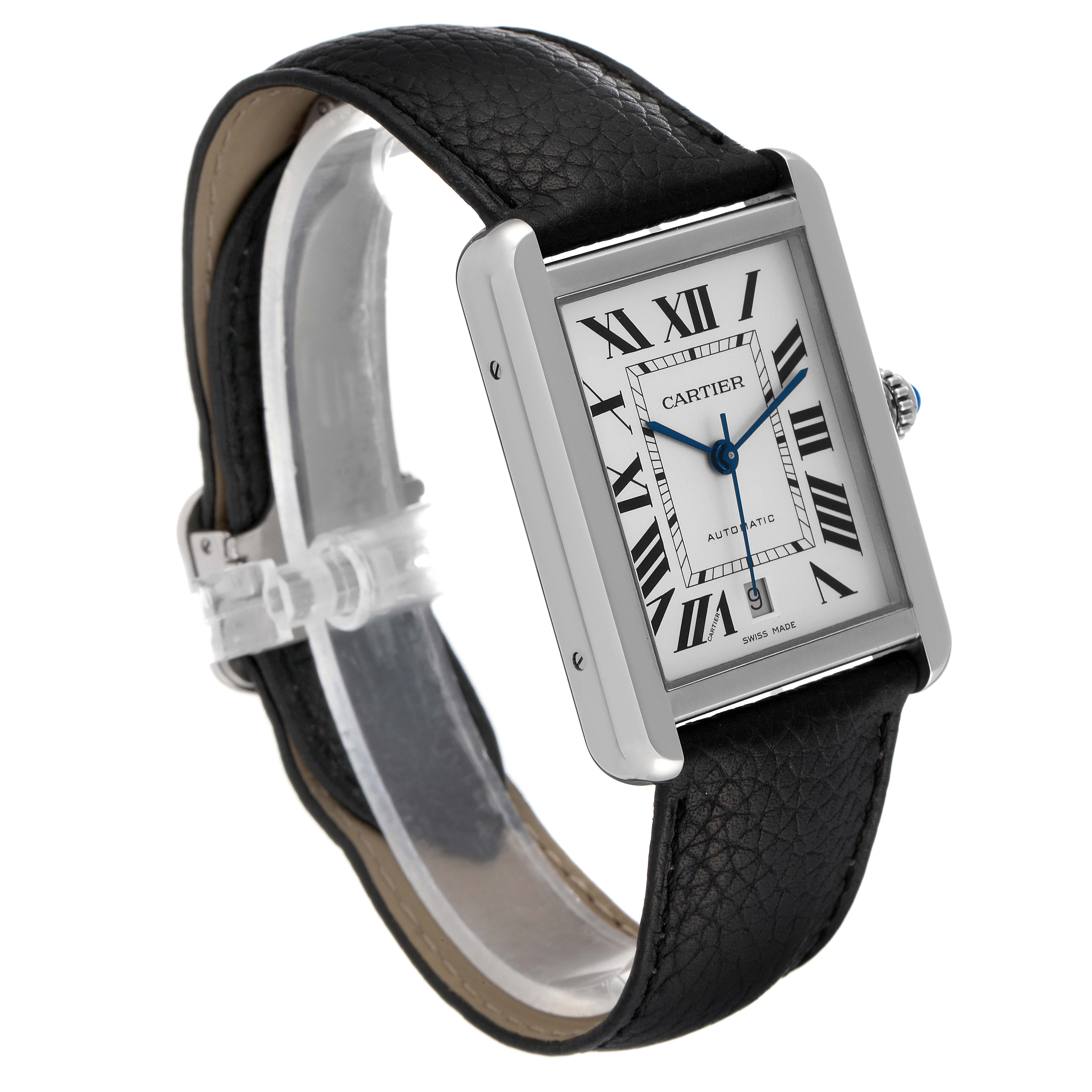 The image shows a Tank Solo model by Cartier angled to display its face, bezel, crown, and black leather strap.