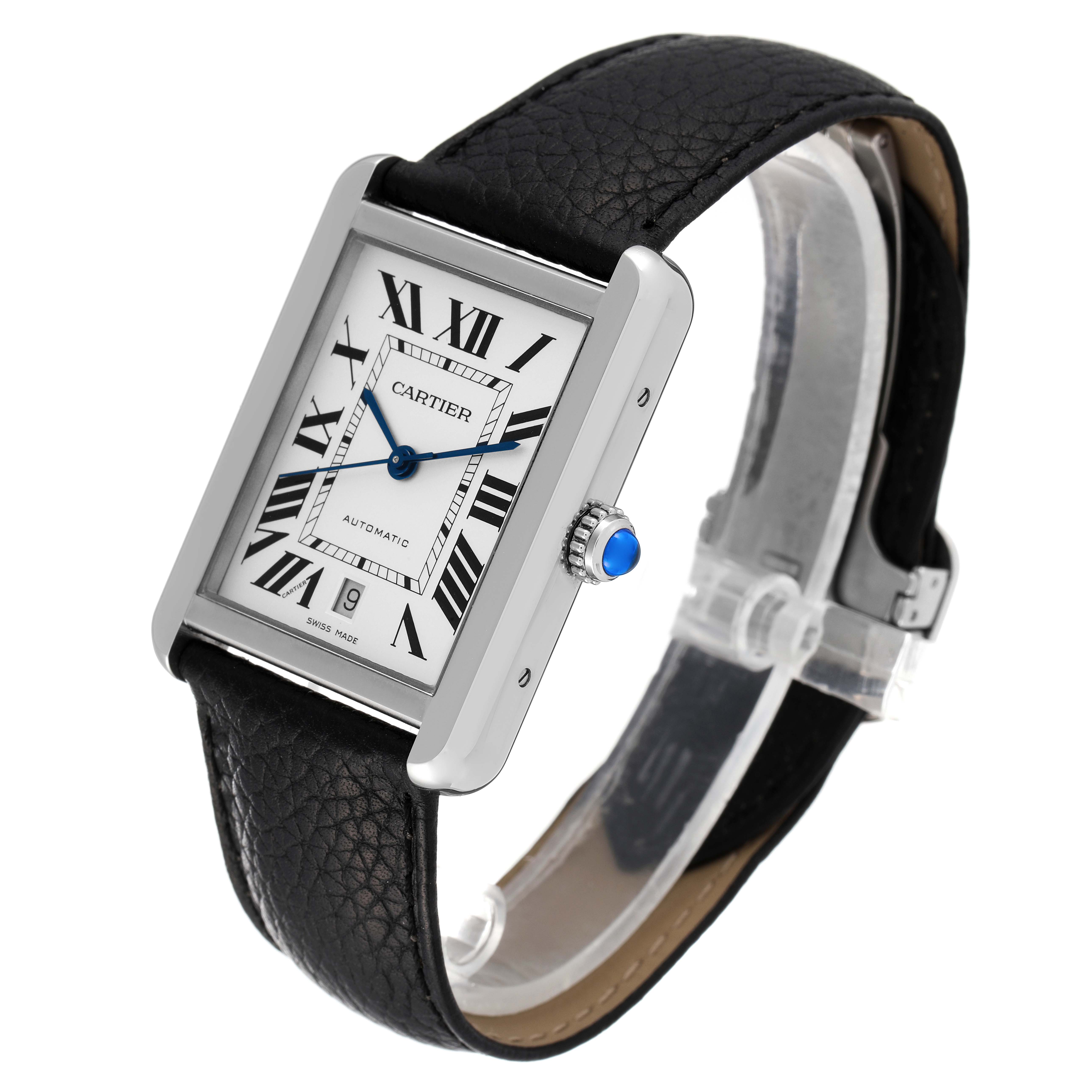 The image shows a Cartier Tank Solo WSTA0029 Men's Stainless Steel Silver Dial WSTA0029 Men's Stainless Steel Silver Dial watch from an angled side view, highlighting its rectangular dial and black leather strap.