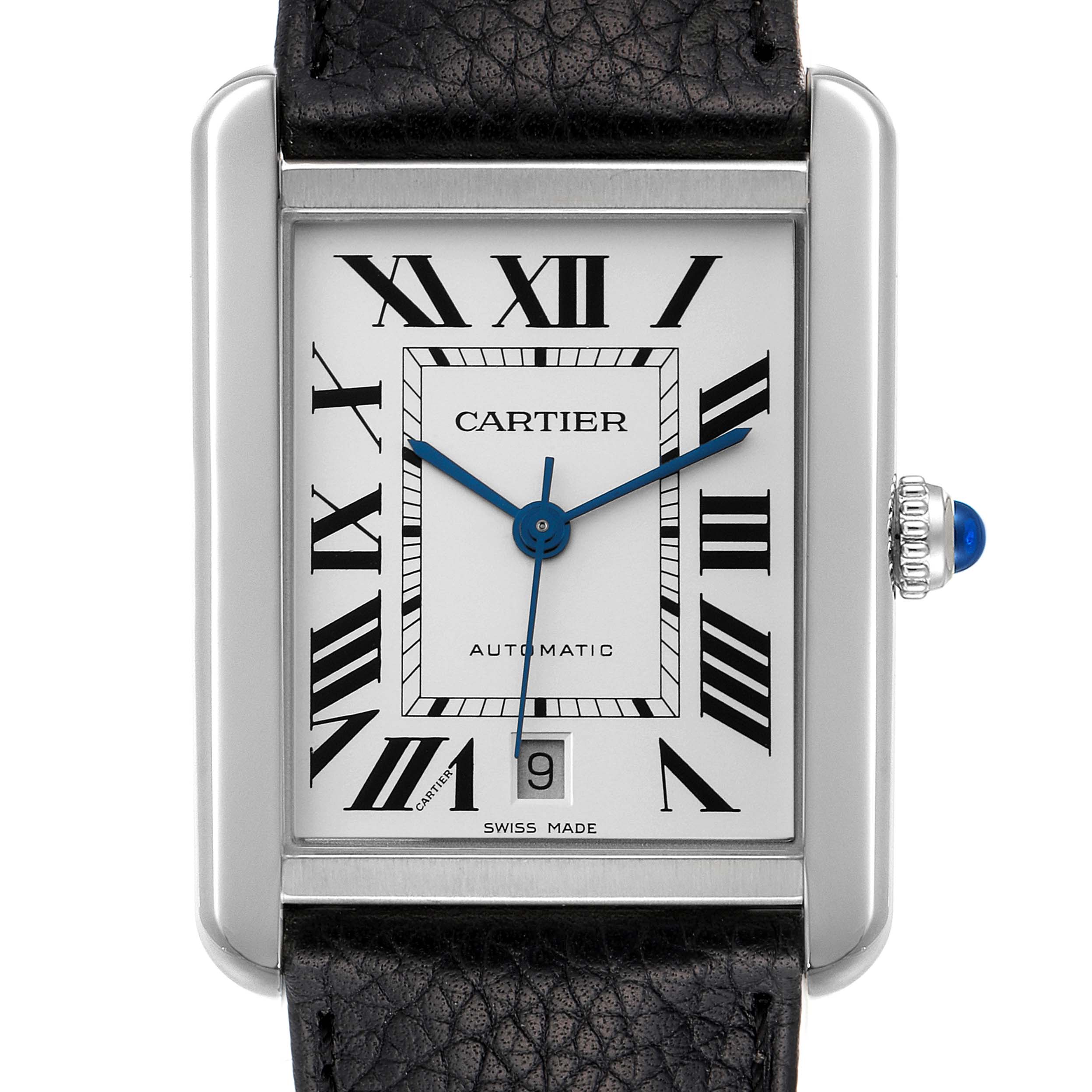 This is a front-view close-up of the Cartier Tank Solo WSTA0029 Men's Stainless Steel Silver Dial WSTA0029 Men's Stainless Steel Silver Dial watch, showing the face, hands, and part of the leather strap.