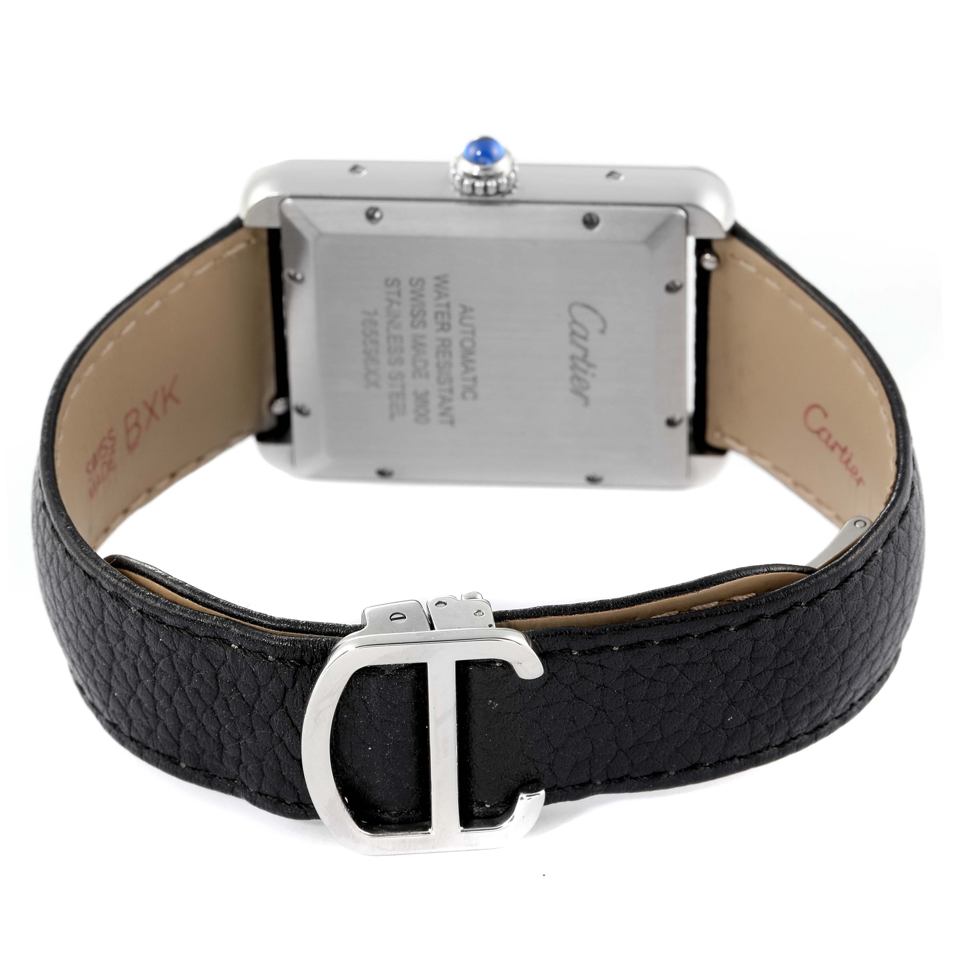 The image shows the back case and clasp of a Cartier Tank Solo WSTA0029 Men's Stainless Steel Silver Dial WSTA0029 Men's Stainless Steel Silver Dial watch from a rear angle.