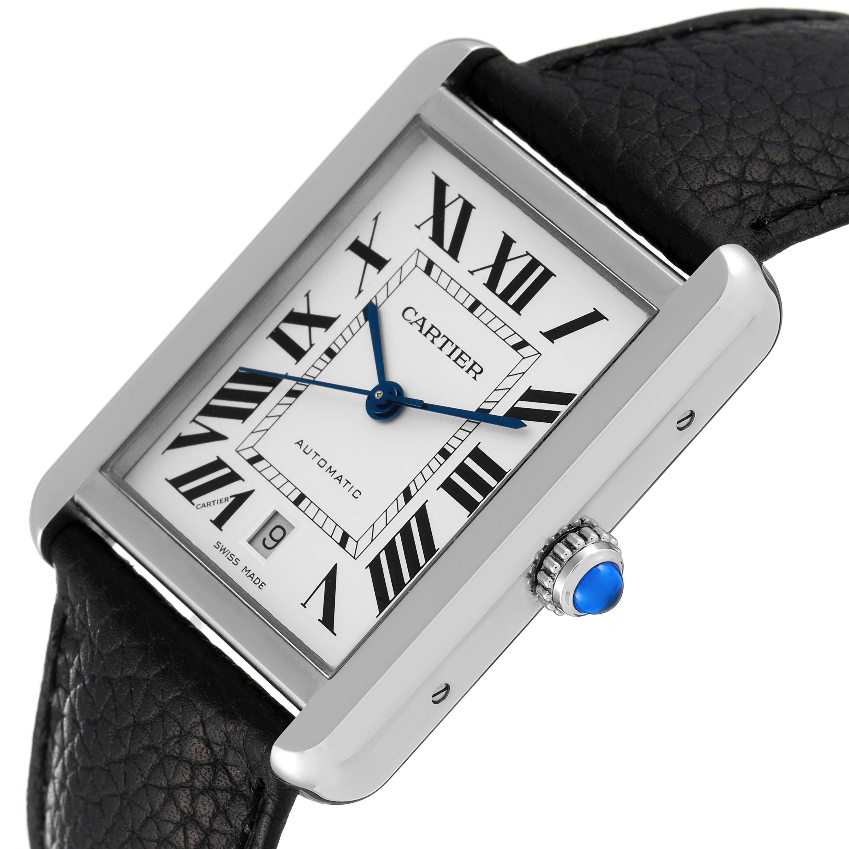 The image shows a Cartier Tank Solo WSTA0029 Men's Stainless Steel Silver Dial WSTA0029 Men's Stainless Steel Silver Dial watch's face, crown, and part of its black leather strap at a slight angle.