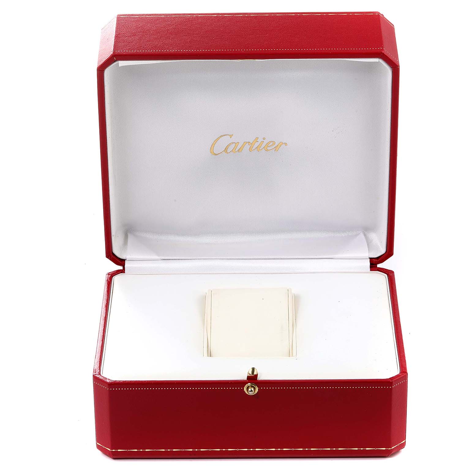 The image shows an open Cartier Tank Solo WSTA0029 Men's Stainless Steel Silver Dial WSTA0029 Men's Stainless Steel Silver Dial watch box with no watch inside, viewed from the front.