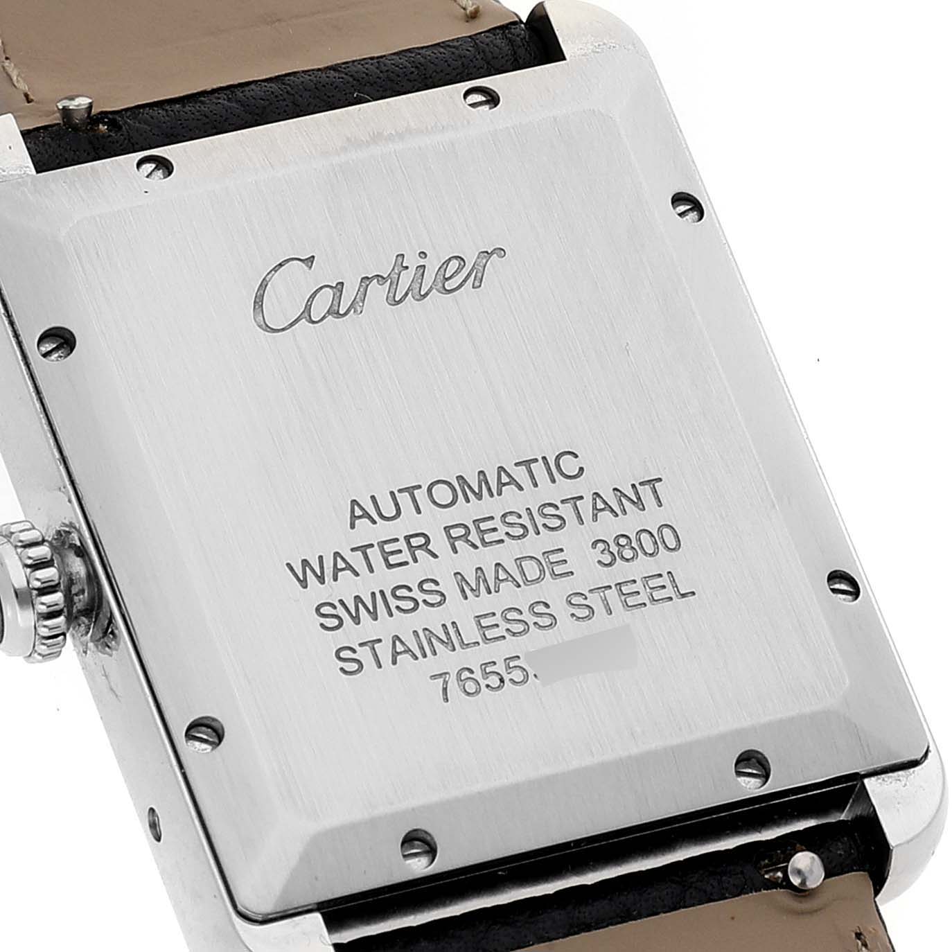 This image shows the case back of the Cartier Tank Solo WSTA0029 Men's Stainless Steel Silver Dial WSTA0029 Men's Stainless Steel Silver Dial watch, highlighting its automatic movement and water resistance.