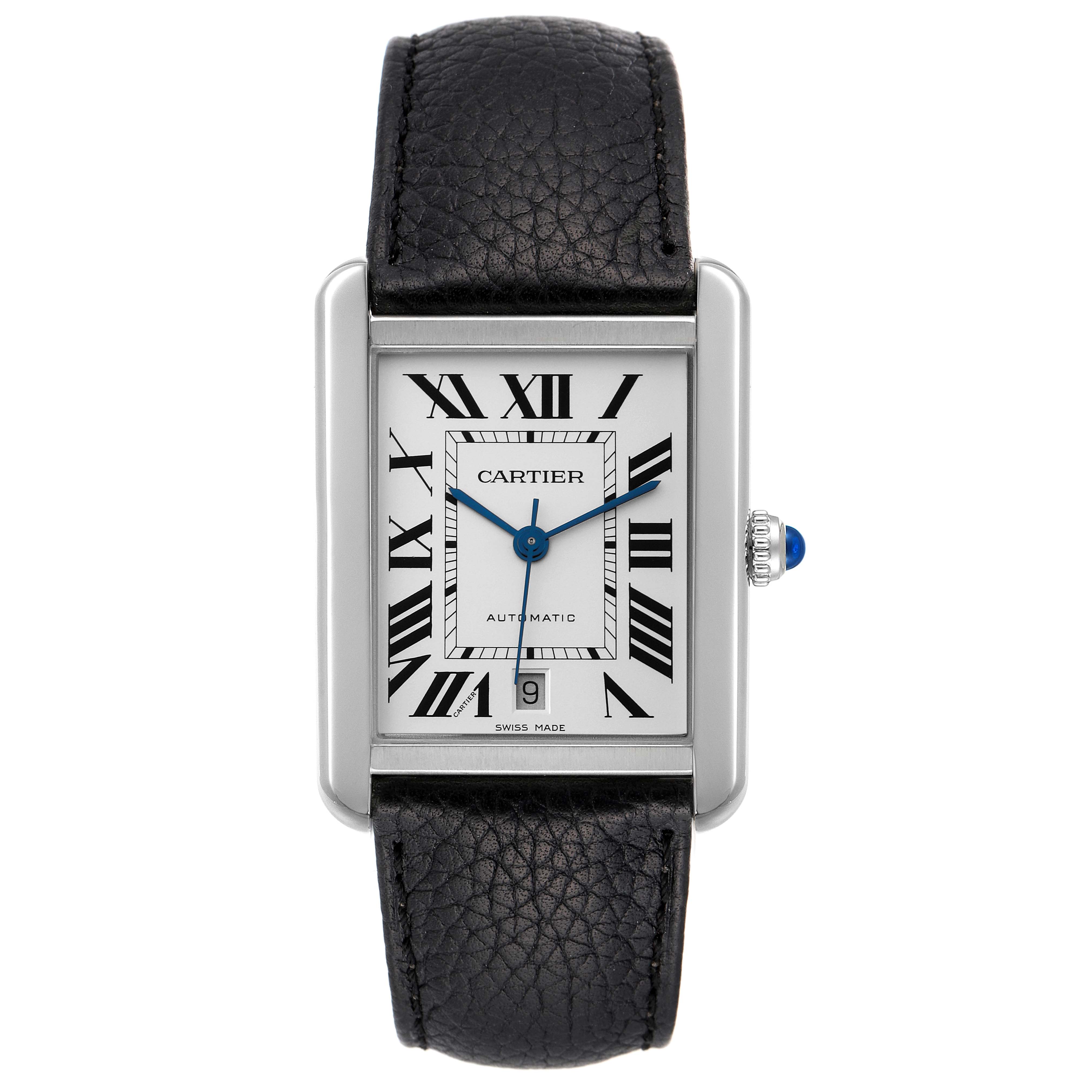 This image shows a front view of the Cartier Tank Solo WSTA0029 Men's Stainless Steel Silver Dial WSTA0029 Men's Stainless Steel Silver Dial watch, displaying its face, leather strap, and crown.