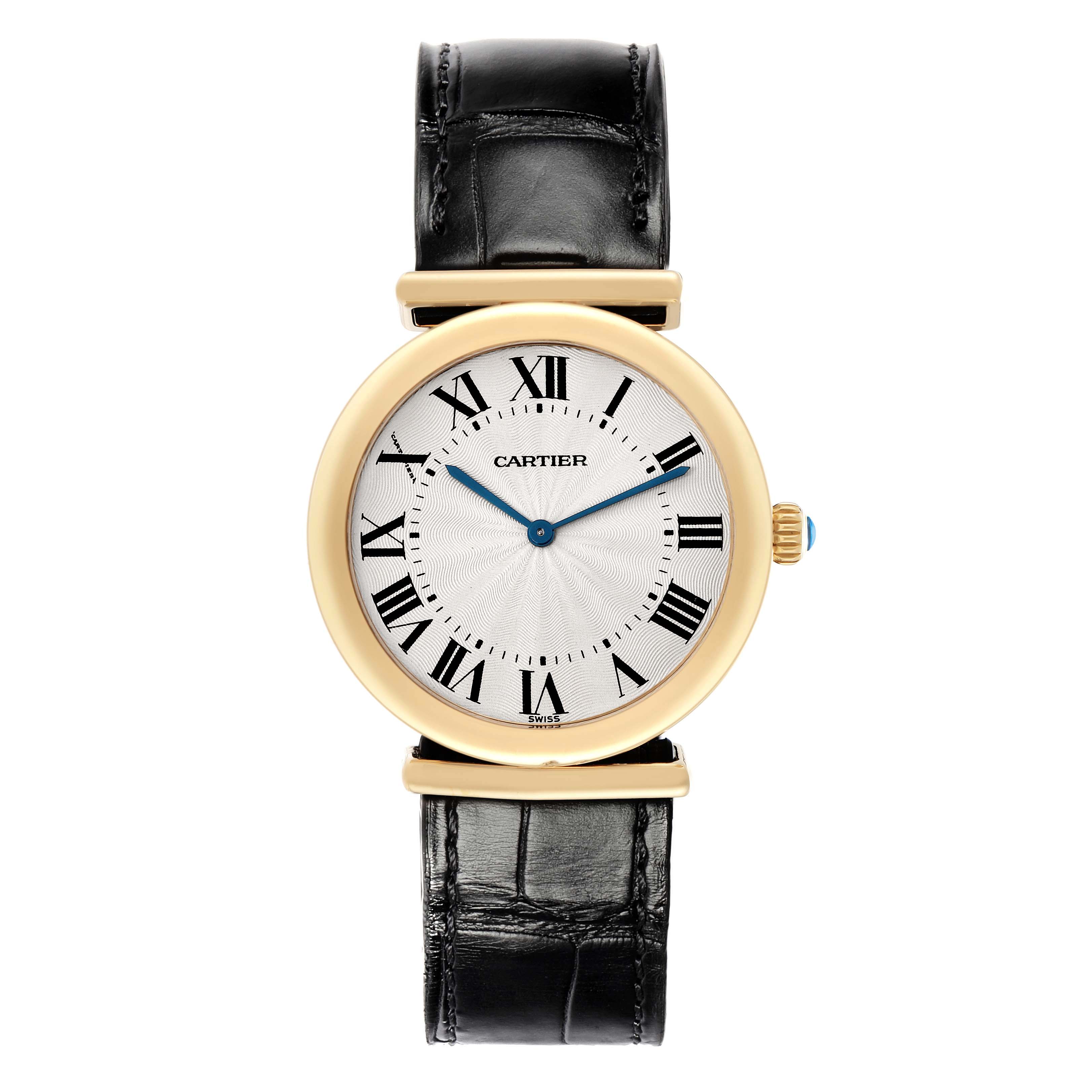 The Cartier Vendome W1514457 Men
s Yellow Gold Silver Dial W1514457 Men
s Yellow Gold Silver Dial watch is shown from a front angle, highlighting its round dial, Roman numerals, and leather strap.
