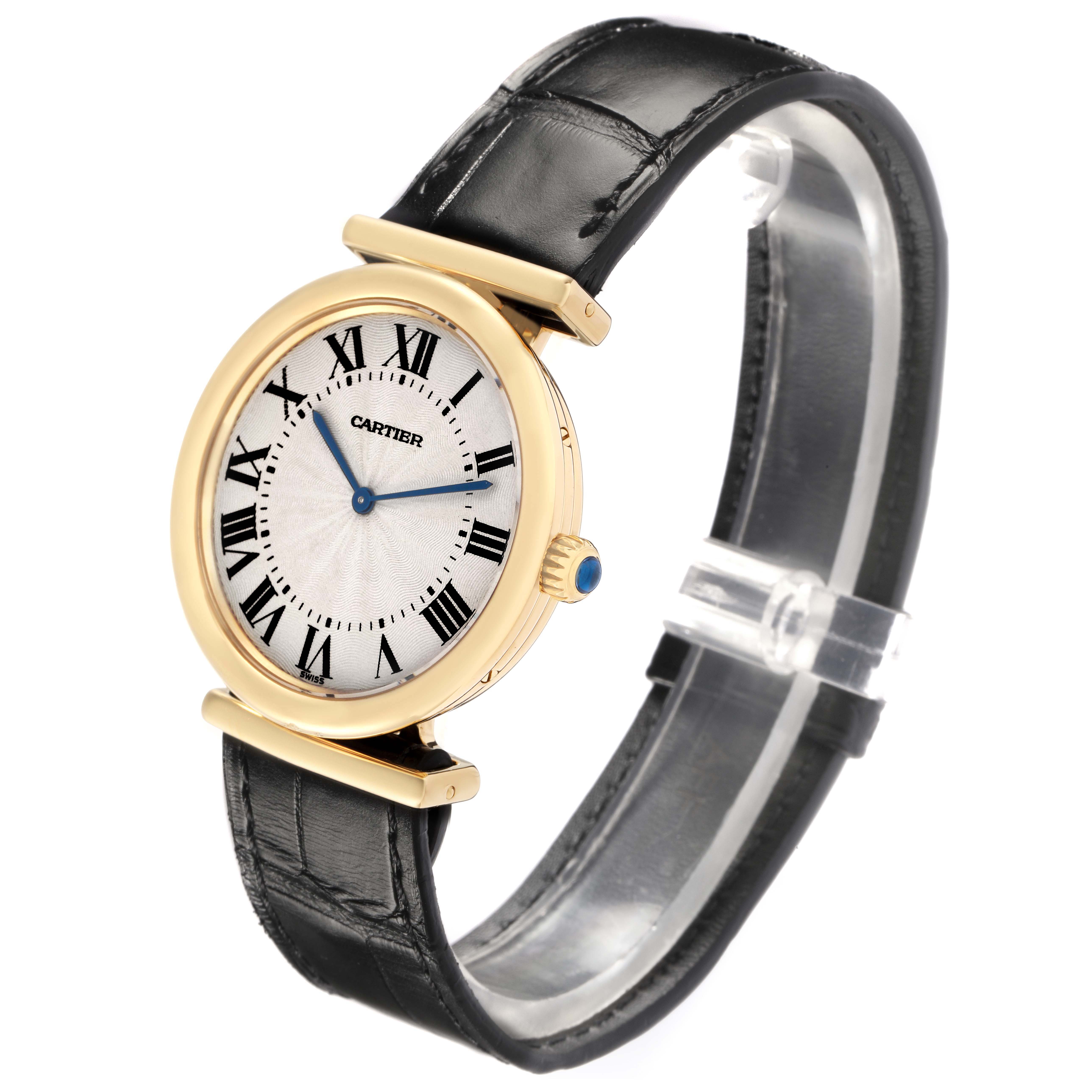 The Cartier Vendome W1514457 Men's Yellow Gold Silver Dial watch is shown at a three-quarter angle, highlighting the face, Roman numerals, and black leather strap.