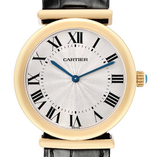 The Vendome model by Cartier is shown from a front angle displaying the dial, hands, bezel, crown, and part of the strap.