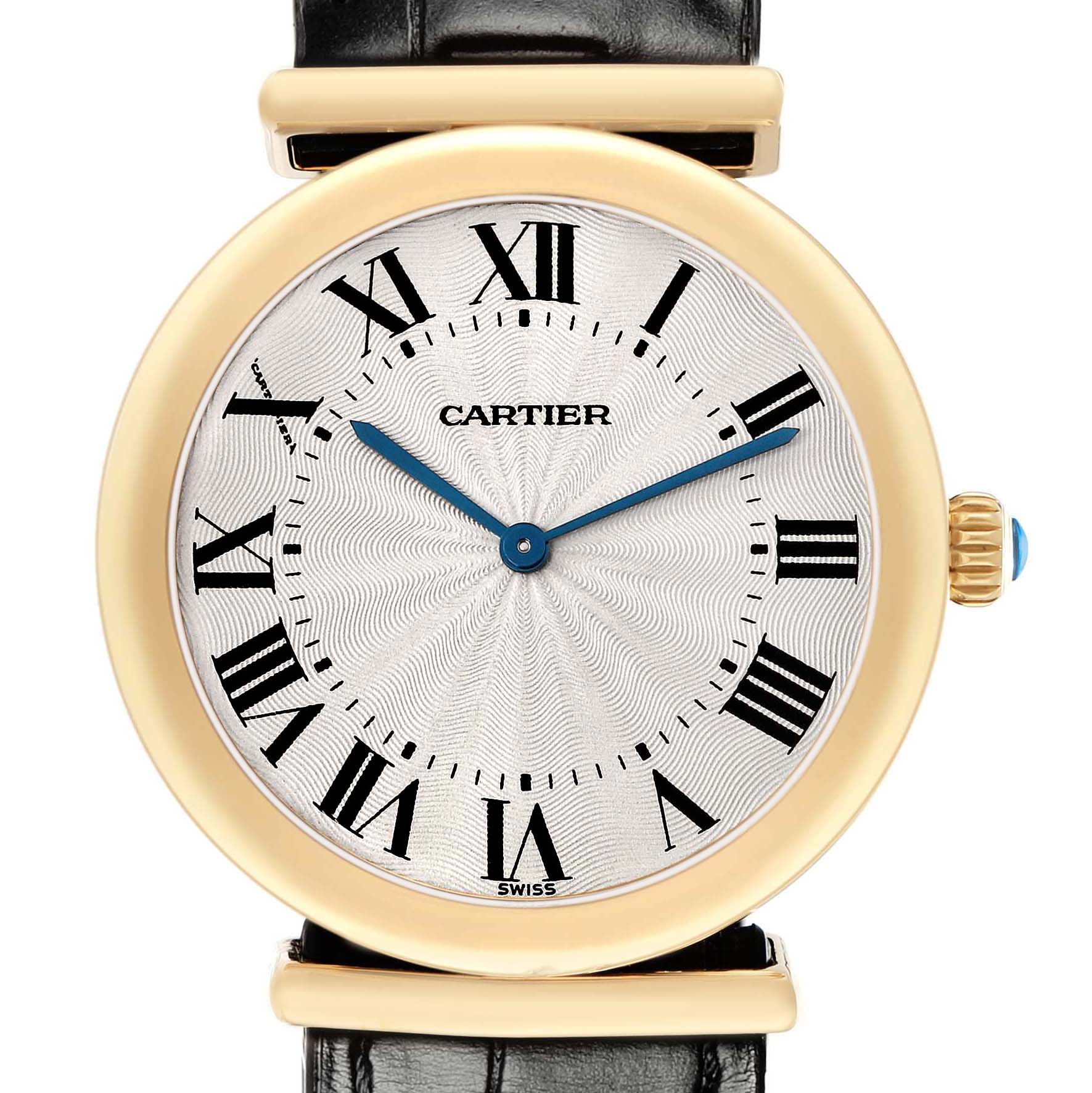 The Cartier Vendome W1514457 Men's Yellow Gold Silver Dial watch is shown from the front, highlighting its face, Roman numerals, blue hands, bezel, and crown.