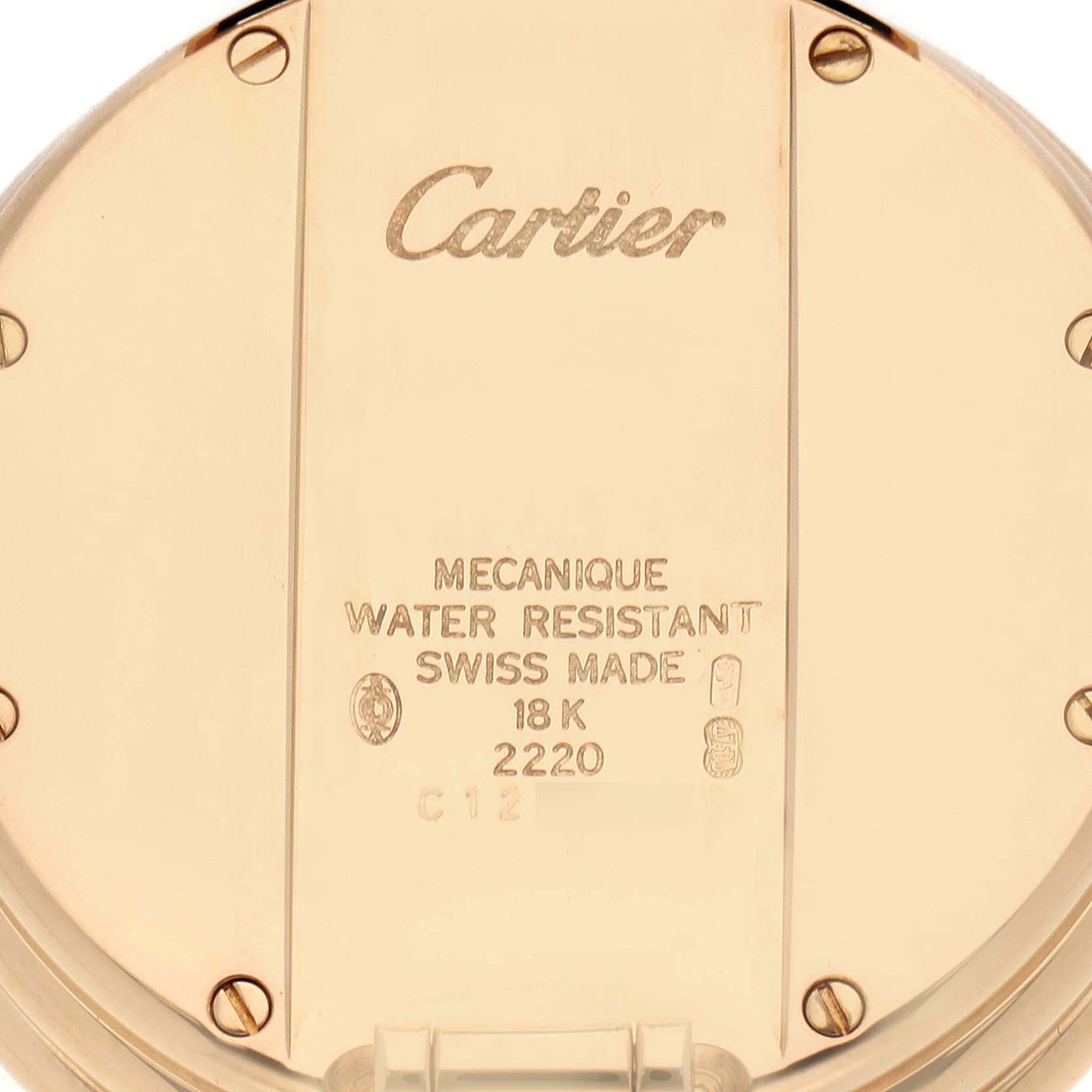 The image shows the back of the Cartier Vendome W1514457 Men
s Yellow Gold Silver Dial W1514457 Men
s Yellow Gold Silver Dial watch, highlighting its engravings and water resistance details.