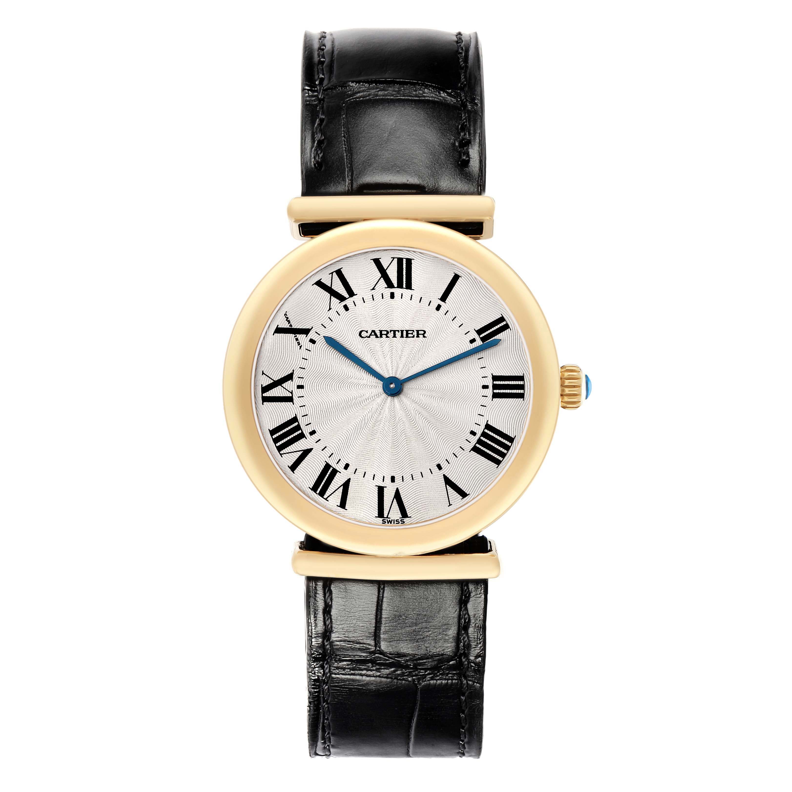 The Cartier Vendome W1514457 Men's Yellow Gold Silver Dial watch is shown from the front, displaying its round face, Roman numerals, blue hands, and black leather strap.