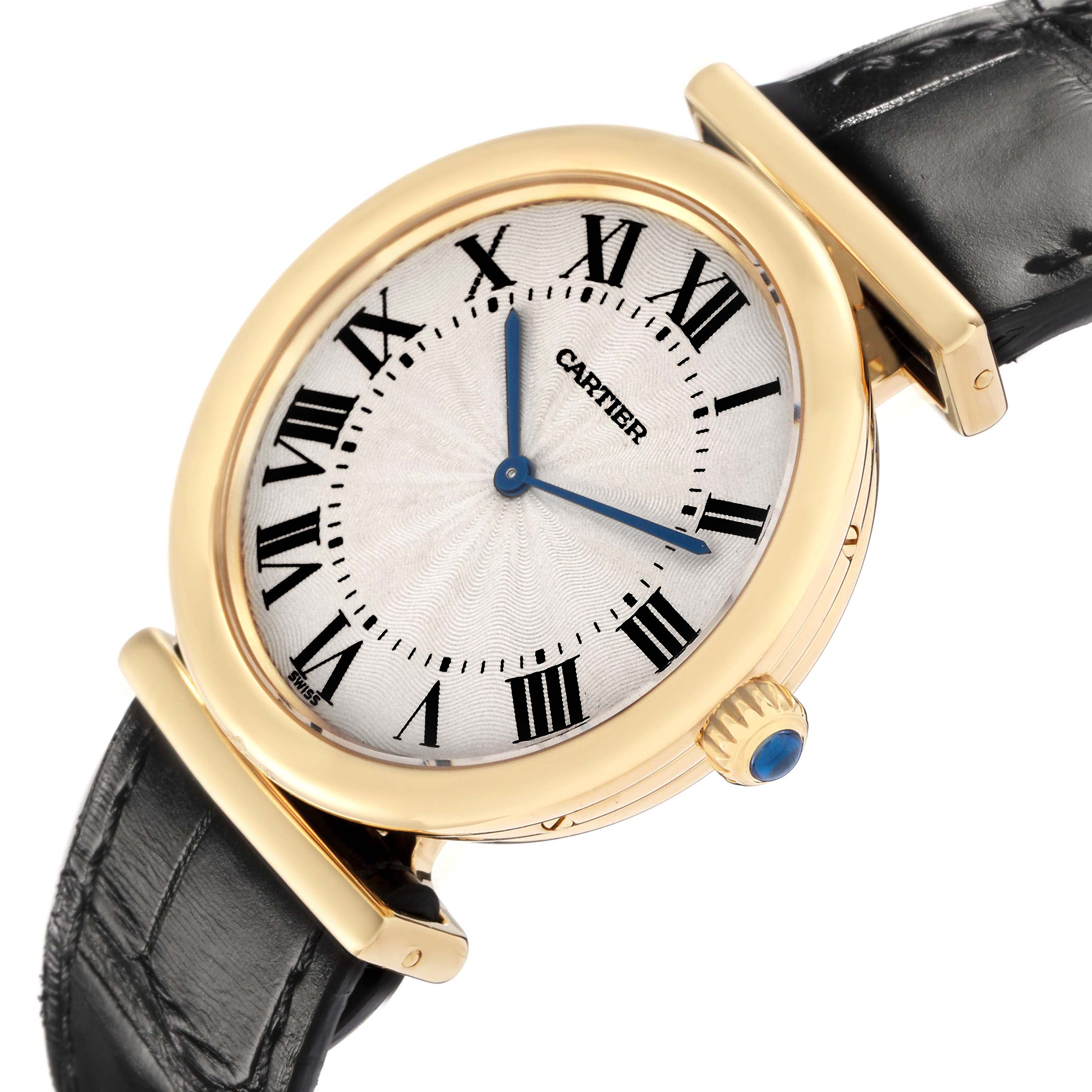 The Cartier Vendome W1514457 Men's Yellow Gold Silver Dial watch is shown at a tilted angle, highlighting the face, bezel, and leather strap.