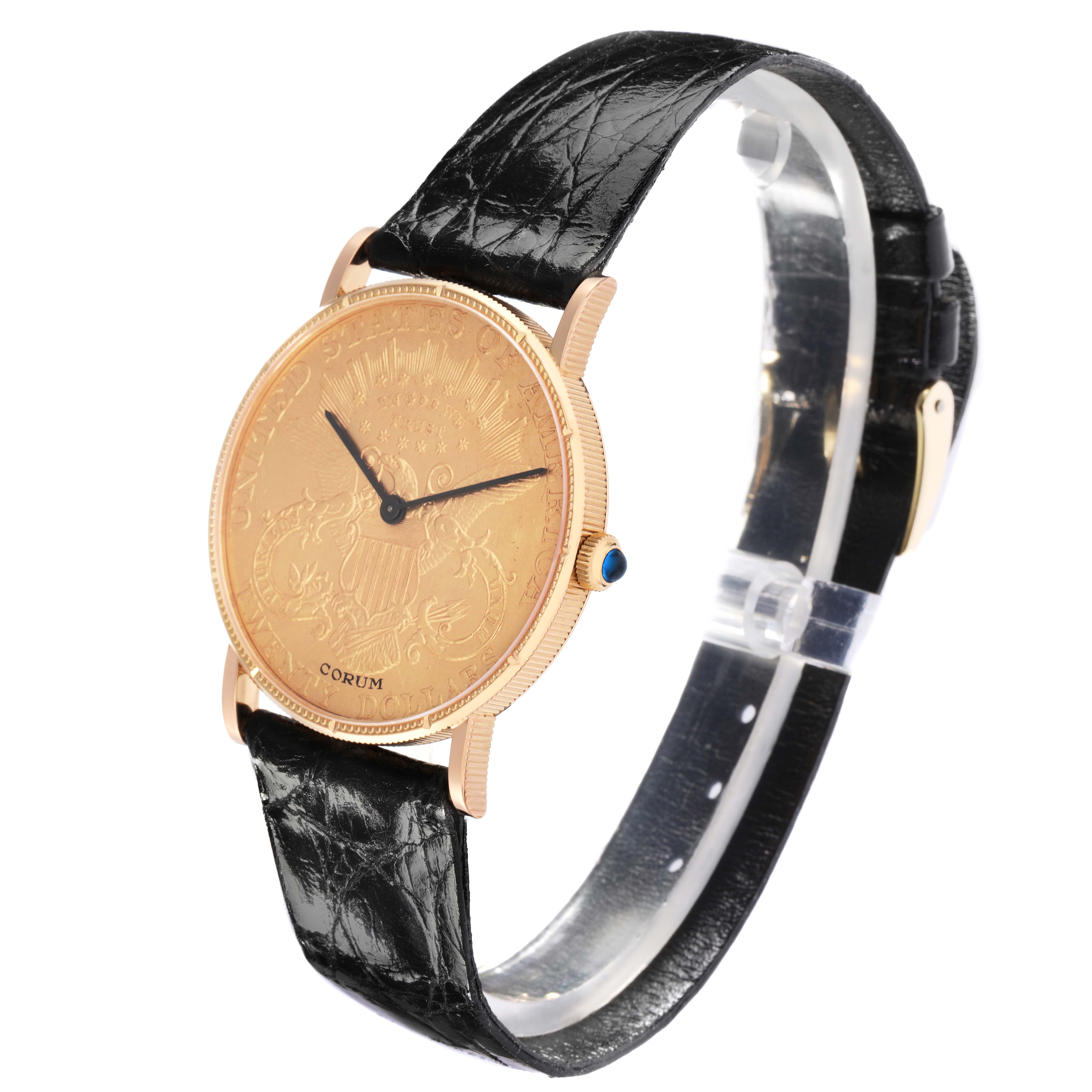 The Corum Coin Watch 4414556 Men
s Yellow Gold Champagne Dial 4414556 Men
s Yellow Gold Champagne Dial model is shown from a slightly angled side view, highlighting its gold-tone case, intricate face, and black leather strap.