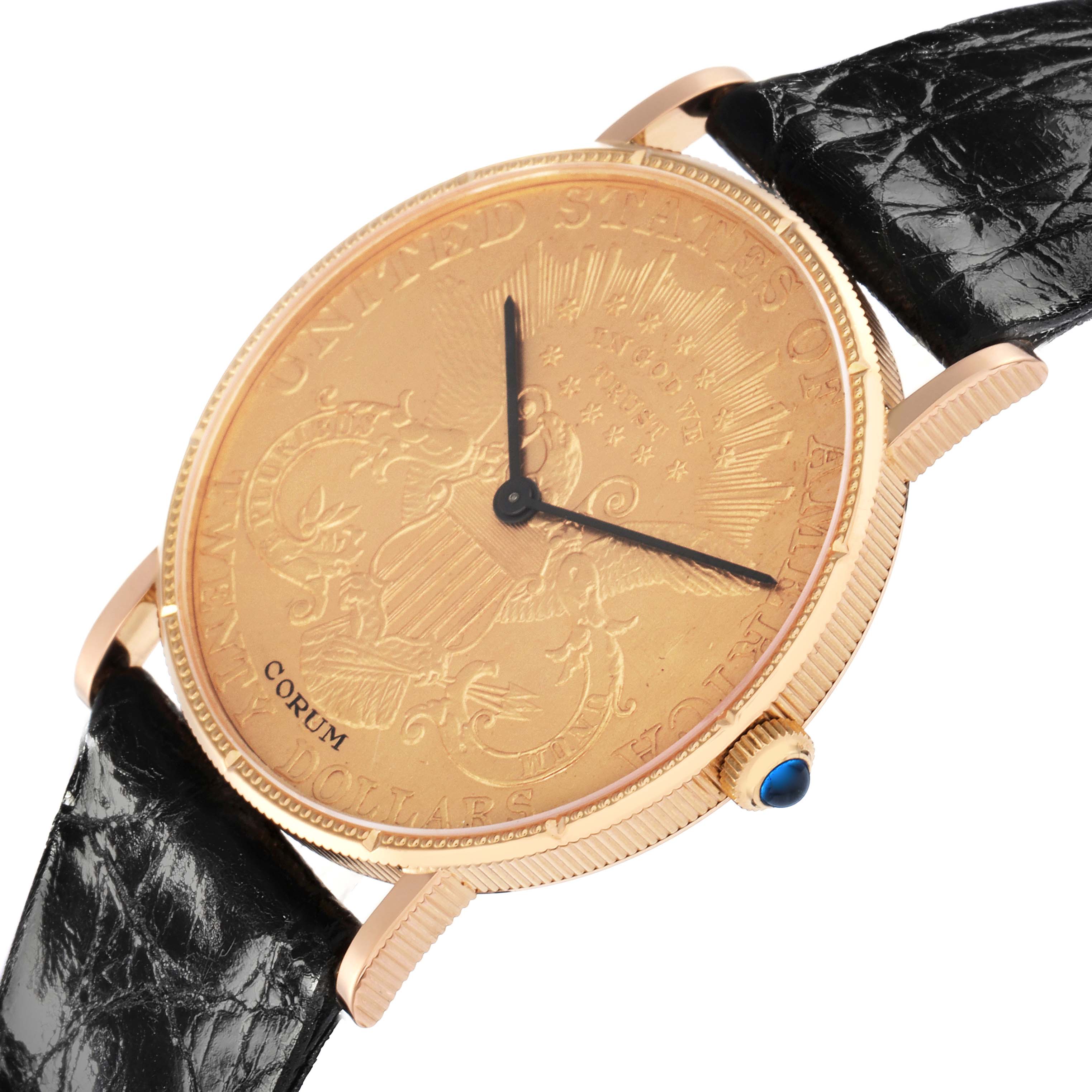 The Corum Coin Watch 4414556 Men
s Yellow Gold Champagne Dial 4414556 Men
s Yellow Gold Champagne Dial model is shown at a close-up angle, highlighting the engraved dial and black leather strap.