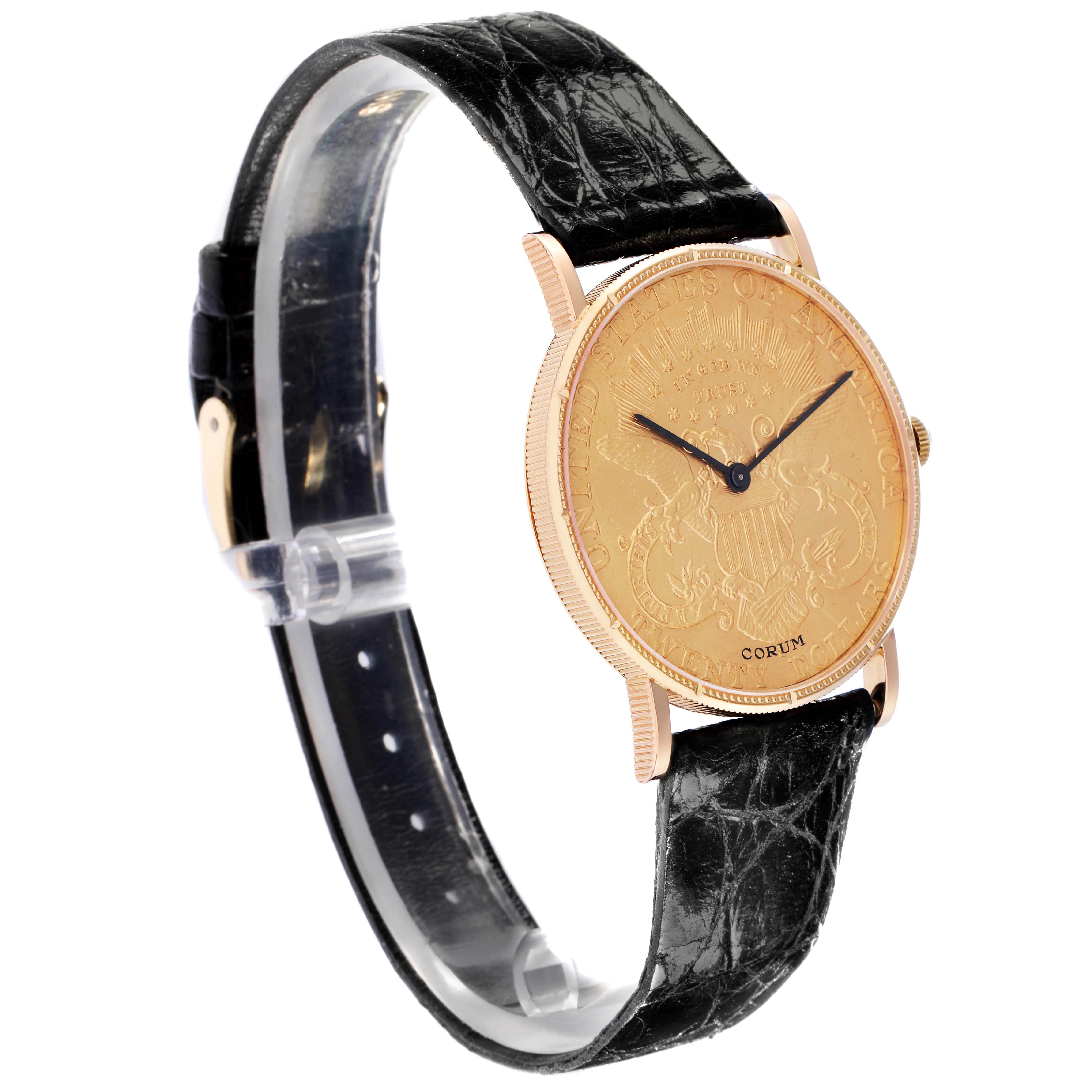 The Corum Coin Watch 4414556 Men
s Yellow Gold Champagne Dial 4414556 Men
s Yellow Gold Champagne Dial is shown at a three-quarter angle, highlighting its gold coin face and black leather strap.