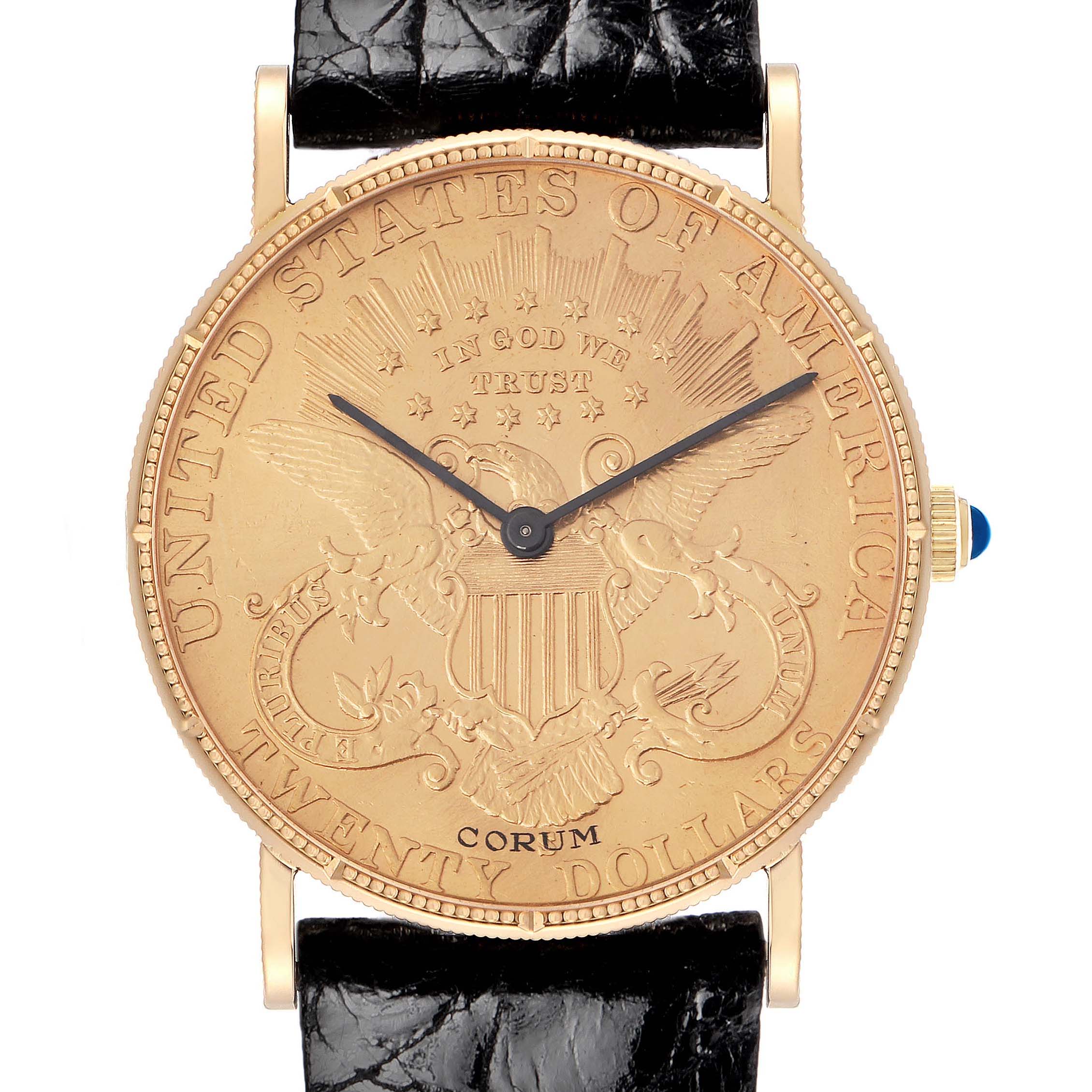 The Corum Coin Watch 4414556 Men's Yellow Gold Champagne Dial model is shown from the front, highlighting its coin-like face, hands, and leather strap.
